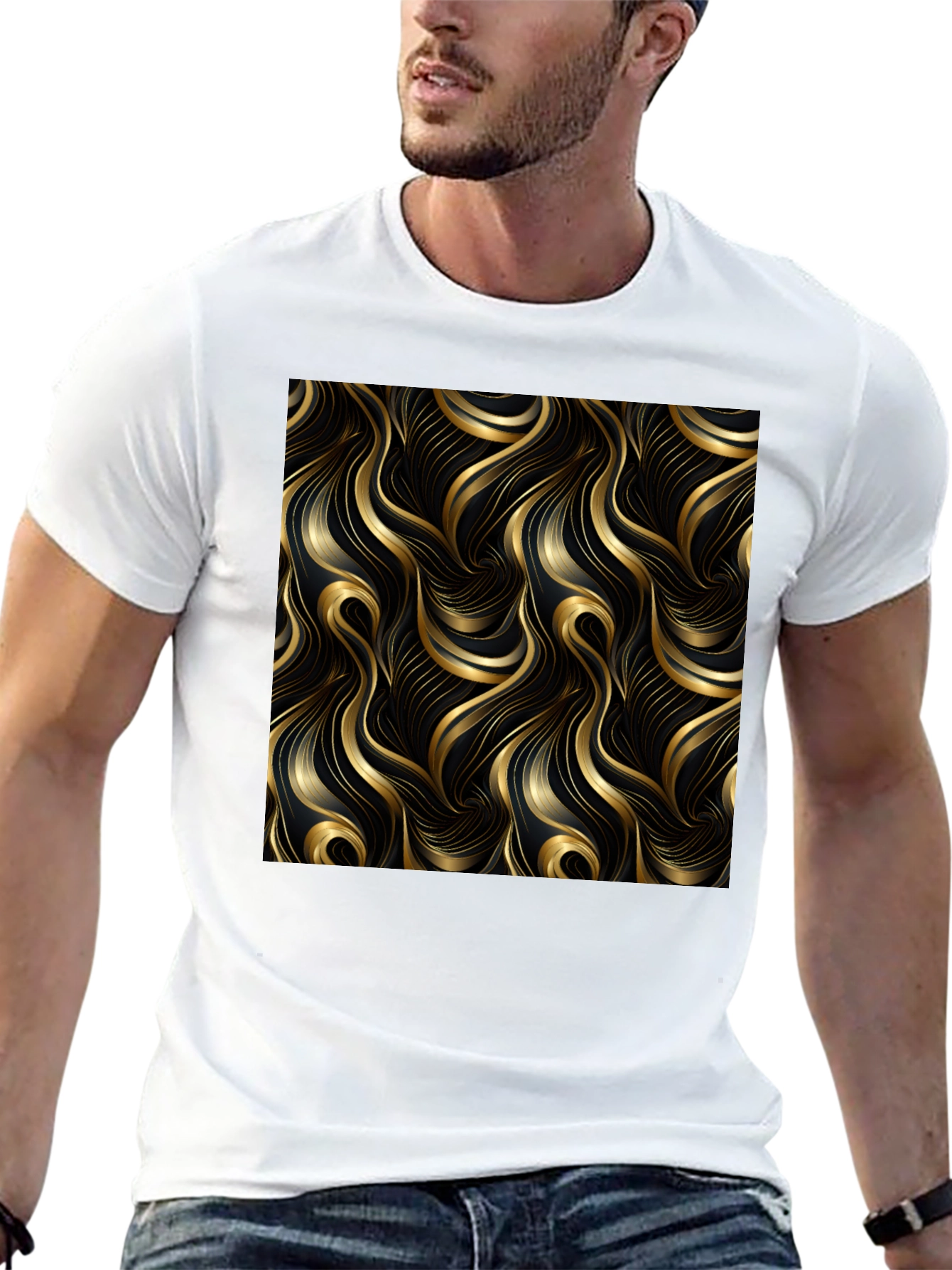 Elegant Black T-Shirt with Gold Wave Design - 13