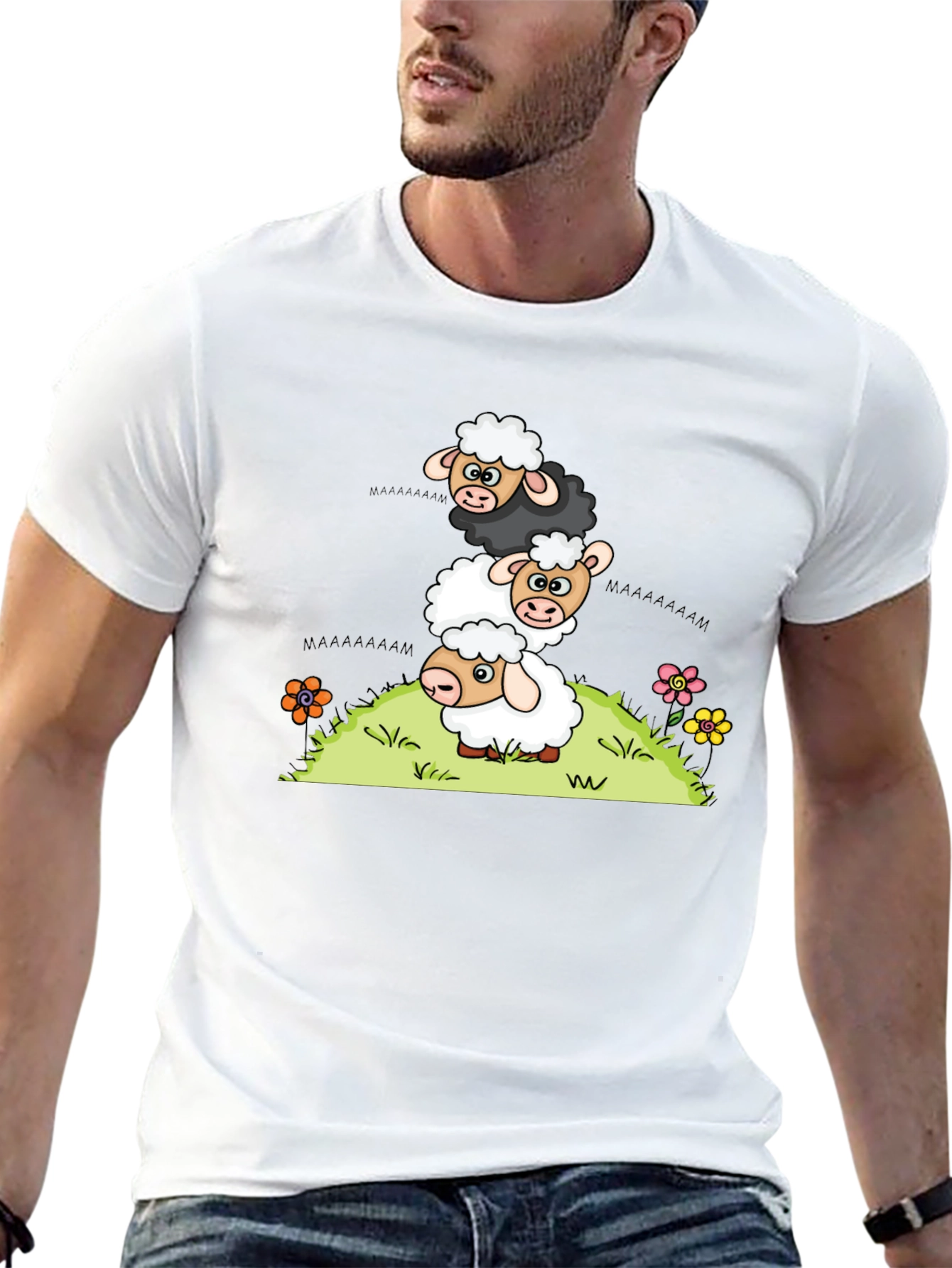 Black Stacked Sheep Cartoon T-Shirt view 13