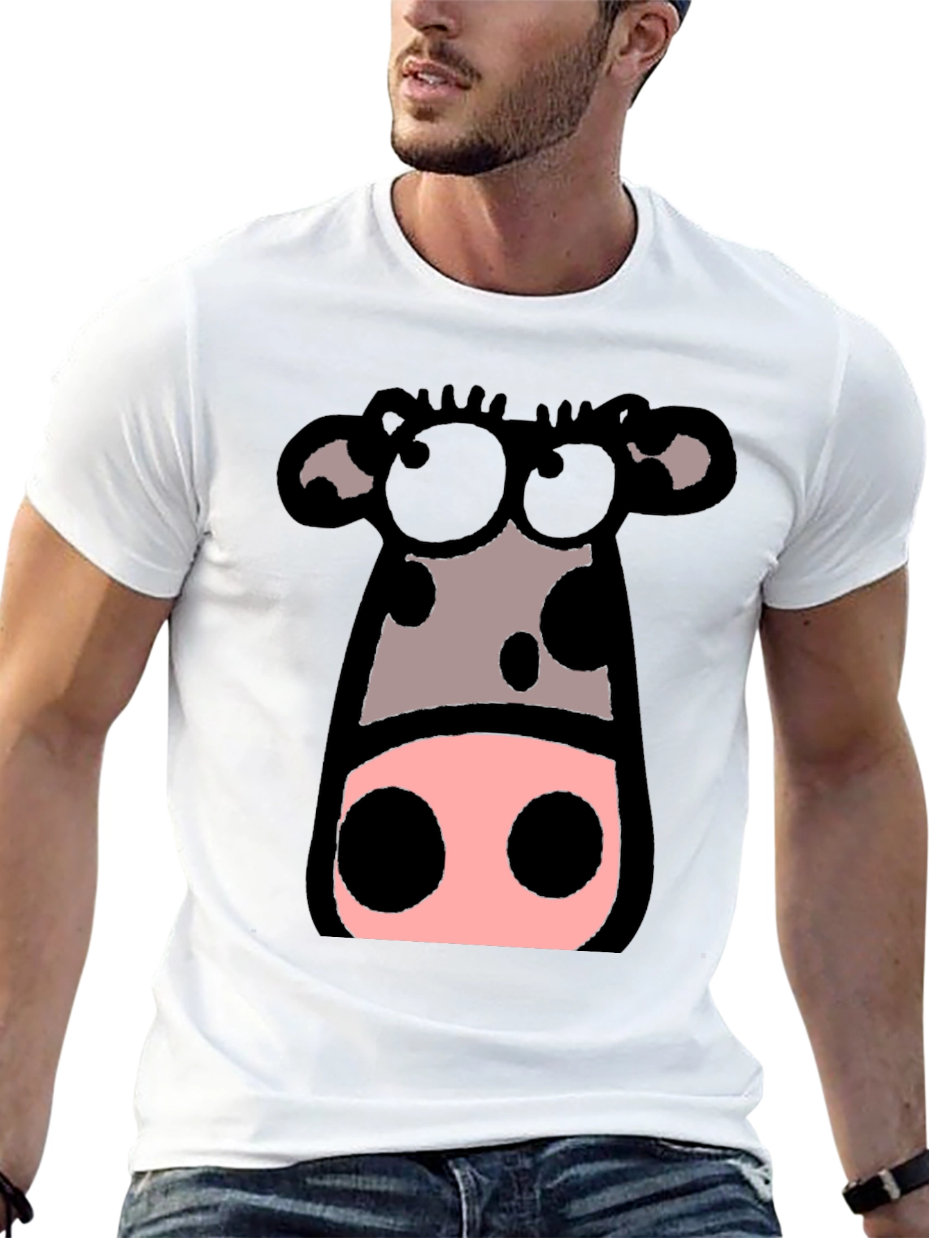 Black Cartoon Cow Graphic Tee - Black Crew Neck T-Shirt view 13