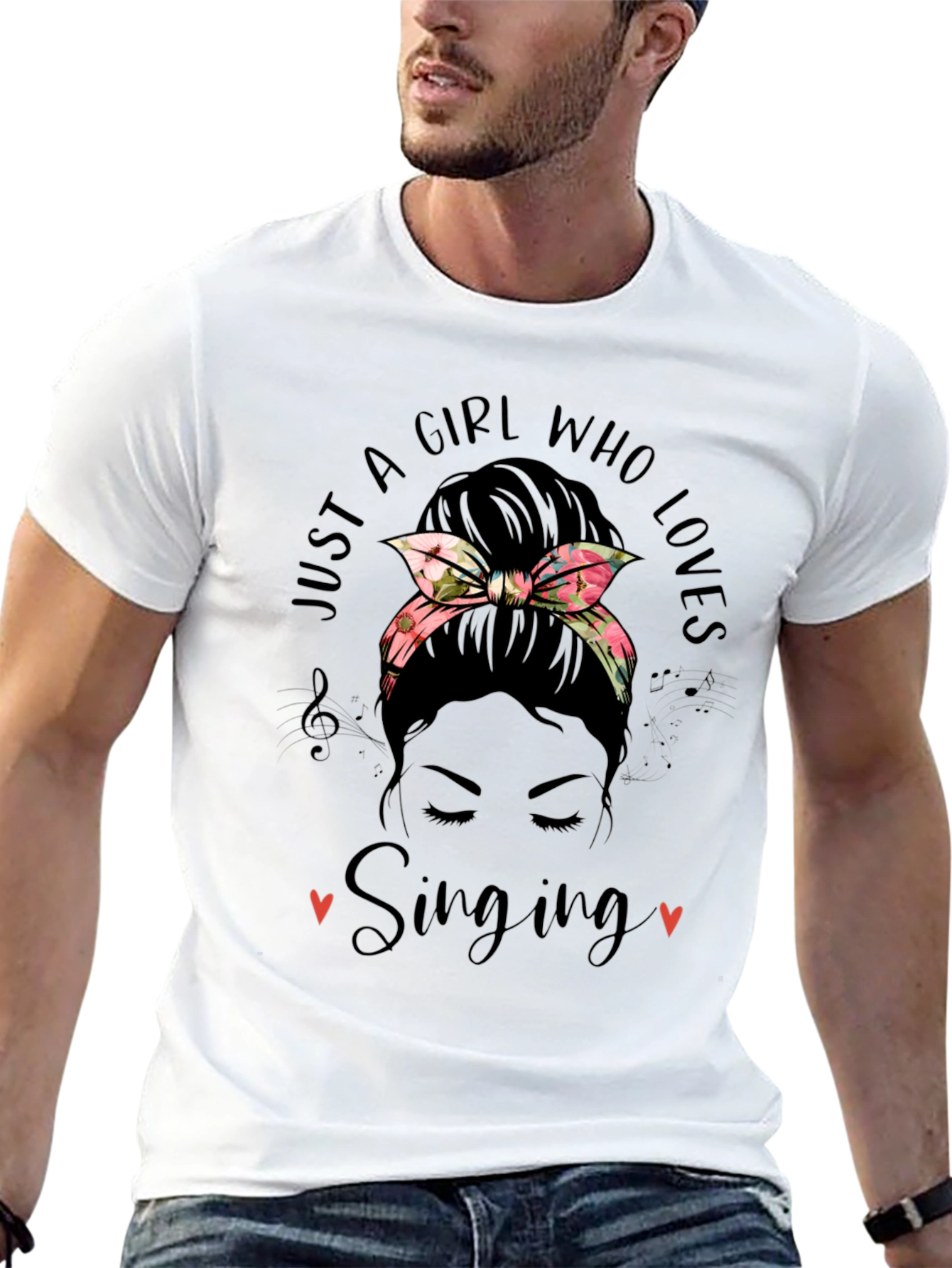 Black Just A Girl Who Loves Singing Messy Bun T-Shirt view 13
