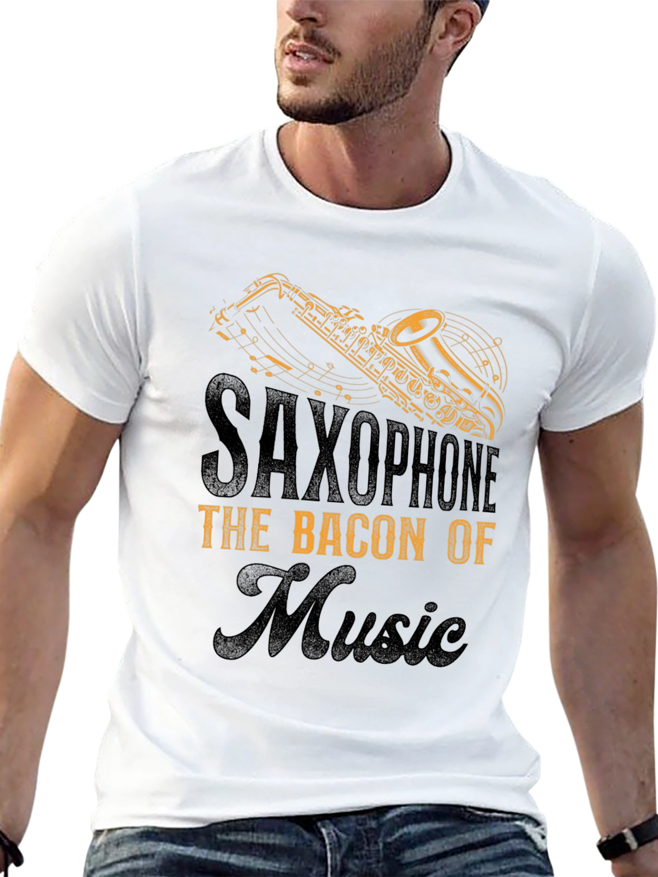 Black Saxophone Bacon of Music T-Shirt view 13