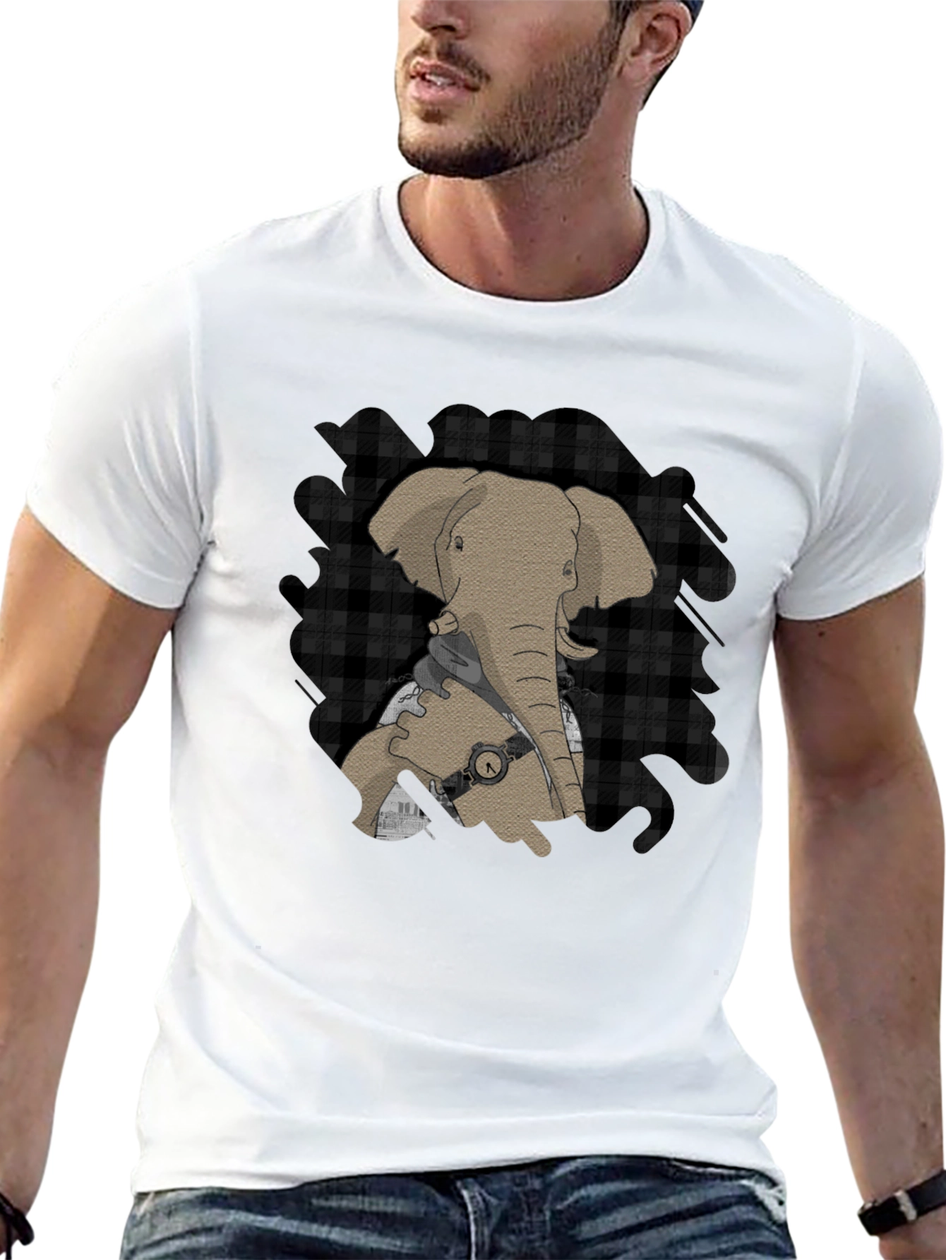 Black Elephant Graphic Tee - Stylish Plaid Accent view 13