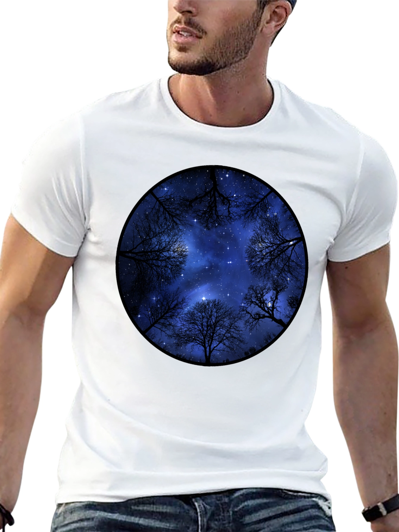 Black Starry Sky Trees Graphic Tee - Black Cotton Blend view 13