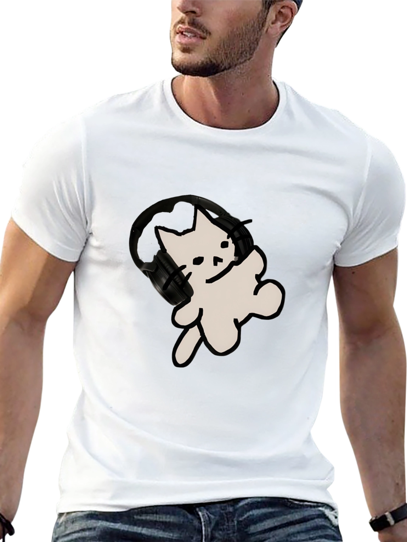 Black Cool Cat T-Shirt with Headphones view 13