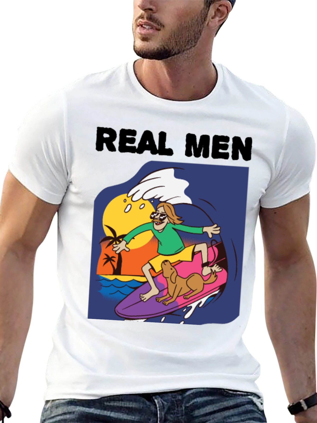 Black Real Men Surf Tee - Novelty Cartoon Graphic T-Shirt view 13
