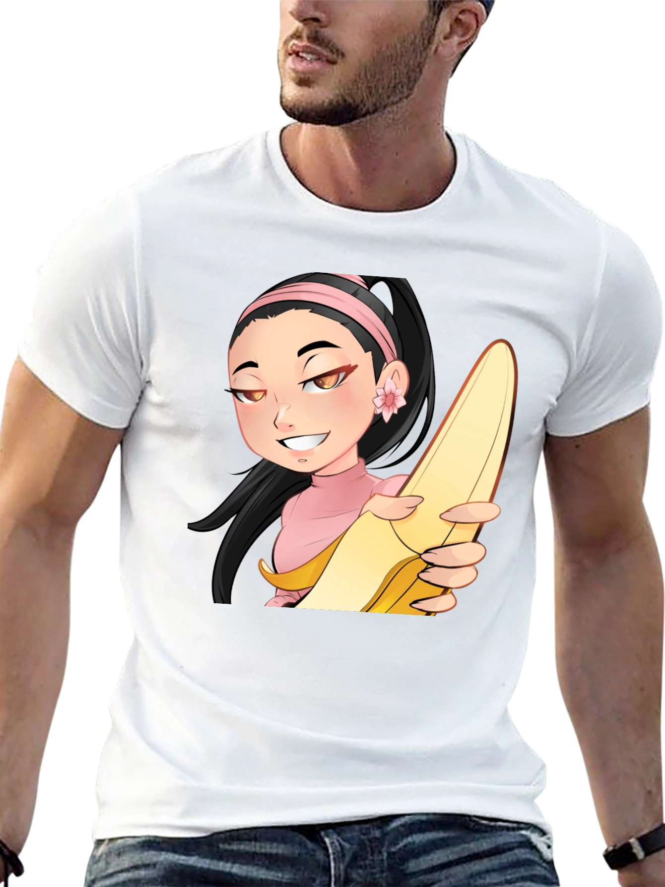 Black Anime Girl with Banana Black T-Shirt view 13