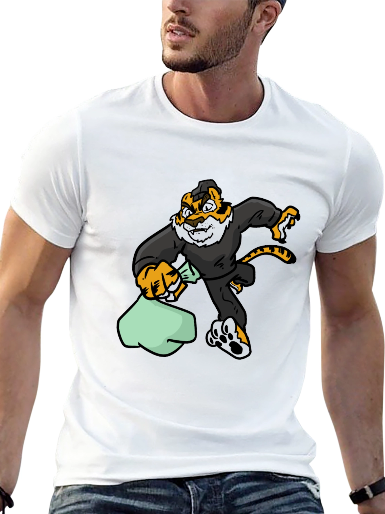 Black Cartoon Tiger Thief Graphic Tee - Black Cotton T-Shirt view 13