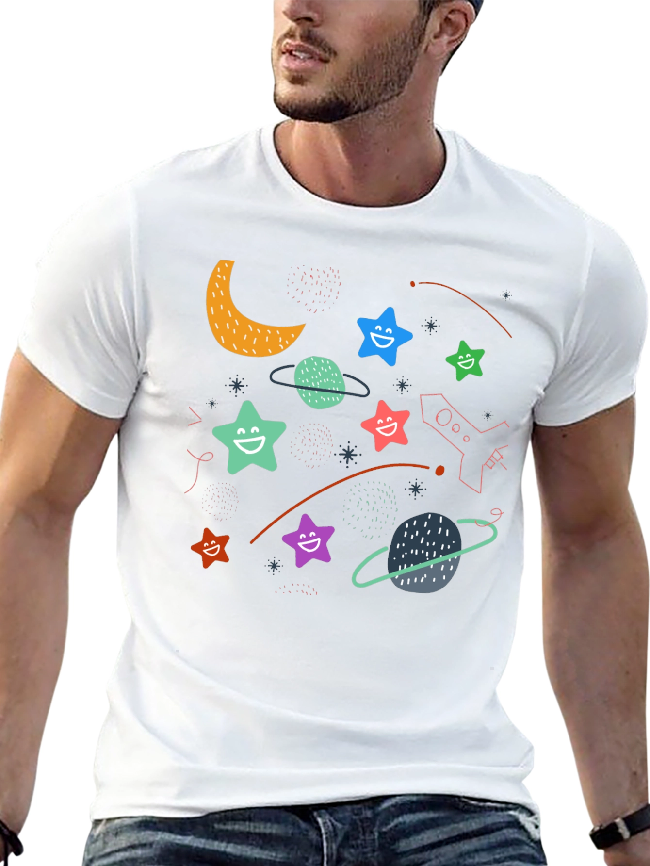 Black Cosmic Smiles Black T-Shirt: Stars, Planets, Rocket Fun! view 13