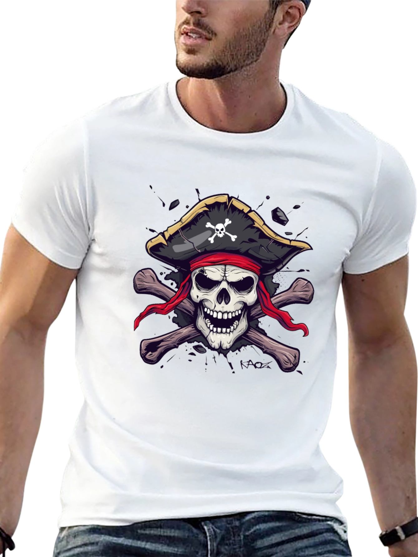 Black Pirate Skull Graphic T-Shirt - Black Crew Neck view 13