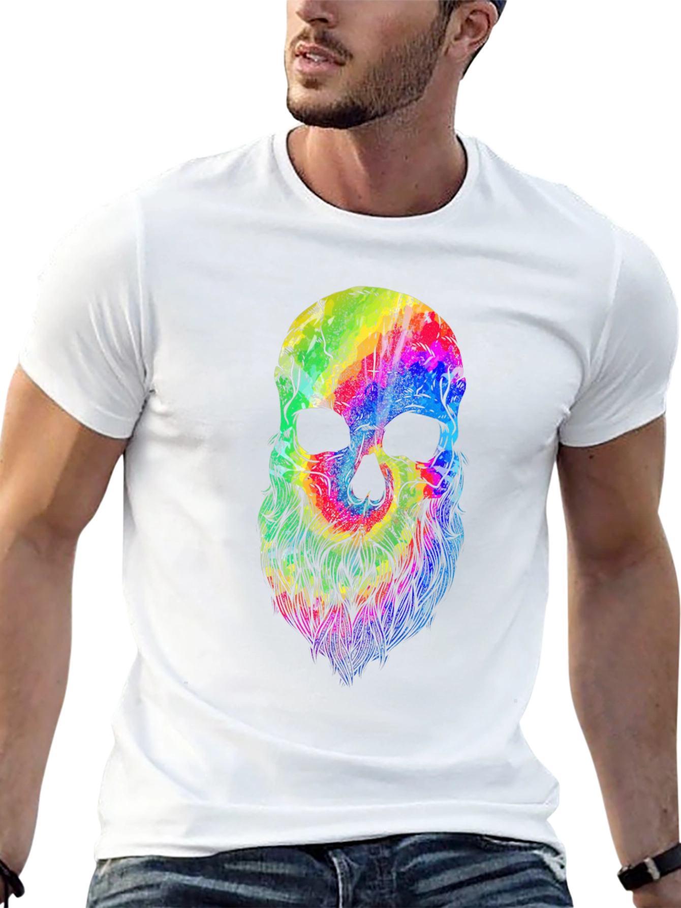 Black Colorful Skull Beard Graphic T-Shirt view 13