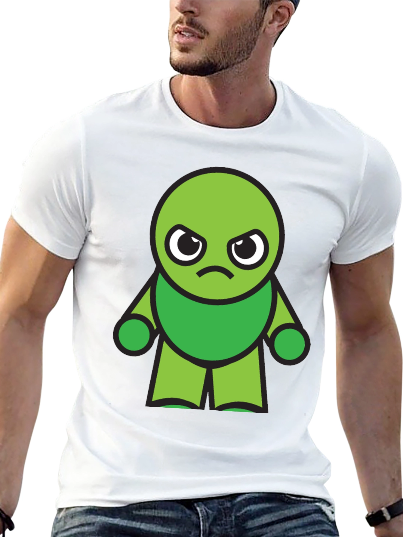 Black Grumpy Green Cartoon Character Black T-Shirt view 13