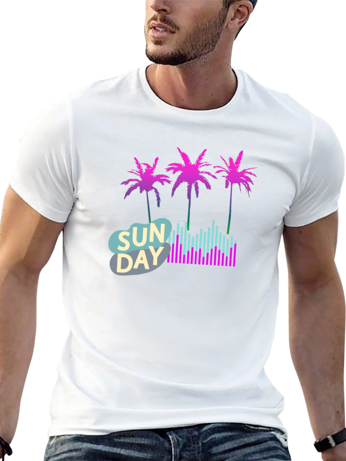 Black Retro Sunday Vibes T-Shirt - Palm Trees & Soundwaves view 13