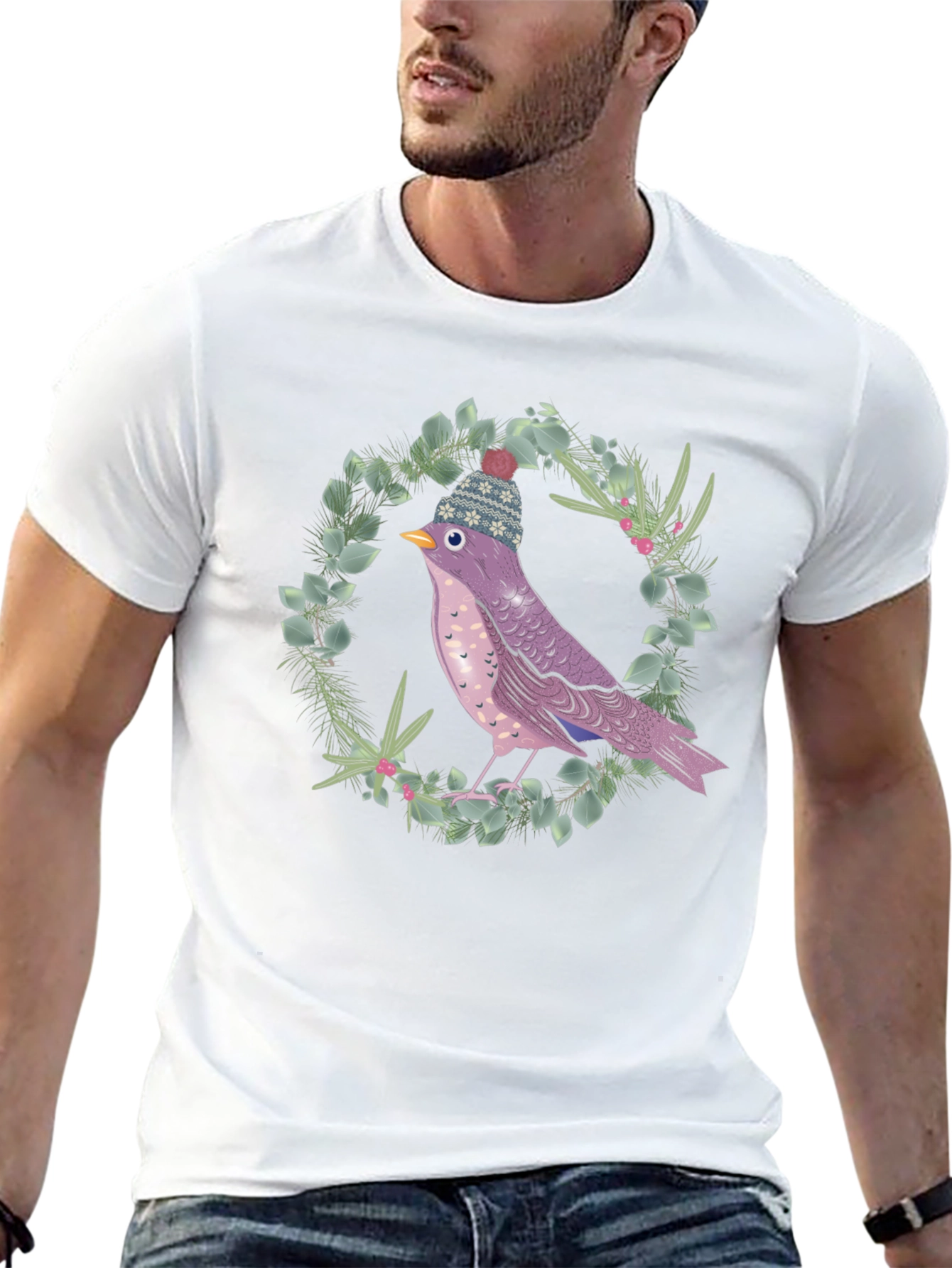 Black Whimsical Bird in Winter Hat T-Shirt view 13
