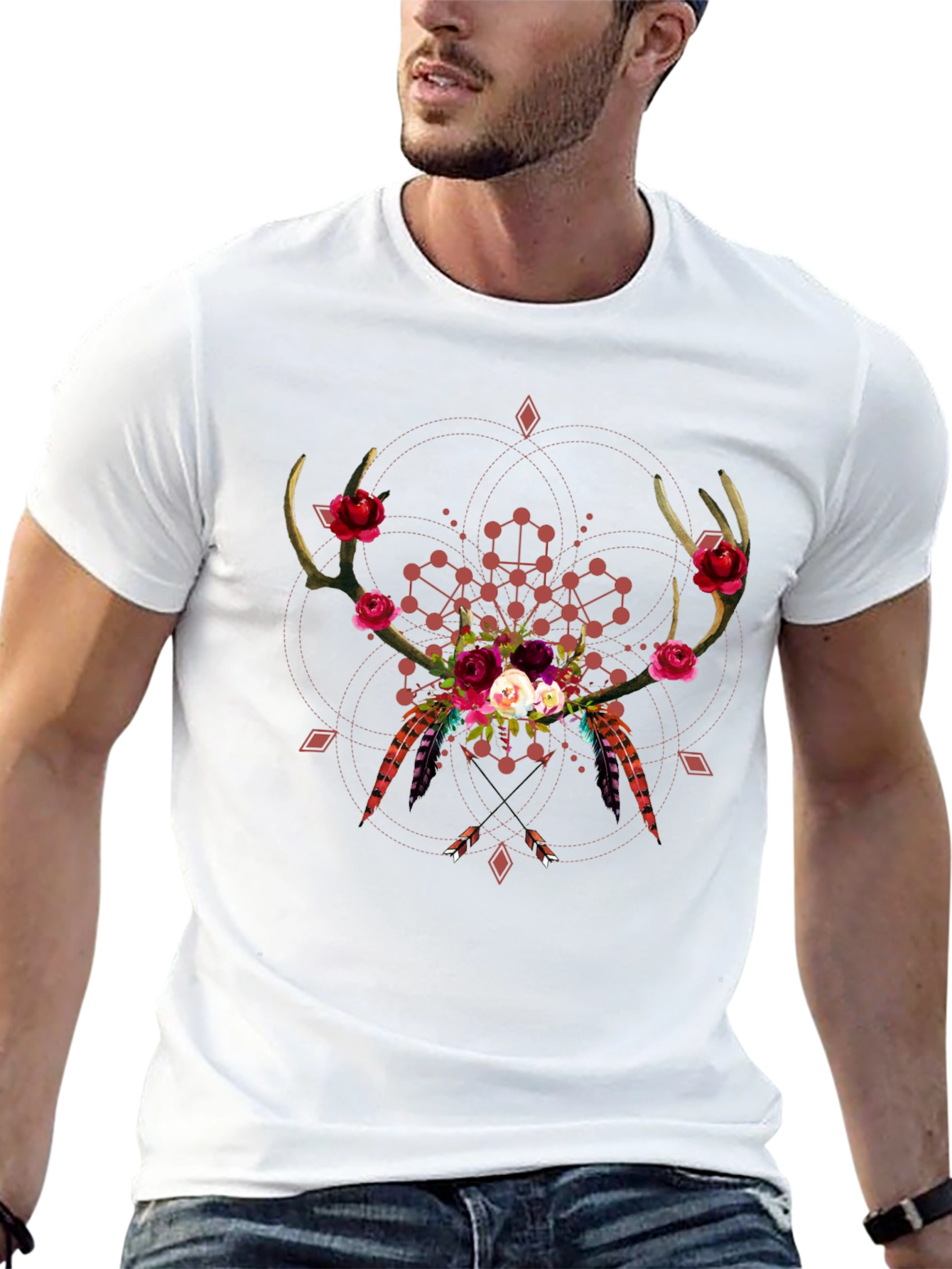 Black Boho Deer Antler Floral T-Shirt - Black view 13