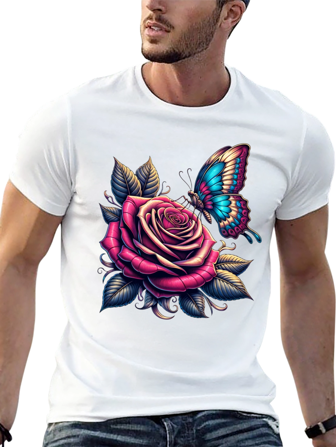 Black Rose & Butterfly Graphic Tee - Stylish Black T-Shirt view 13