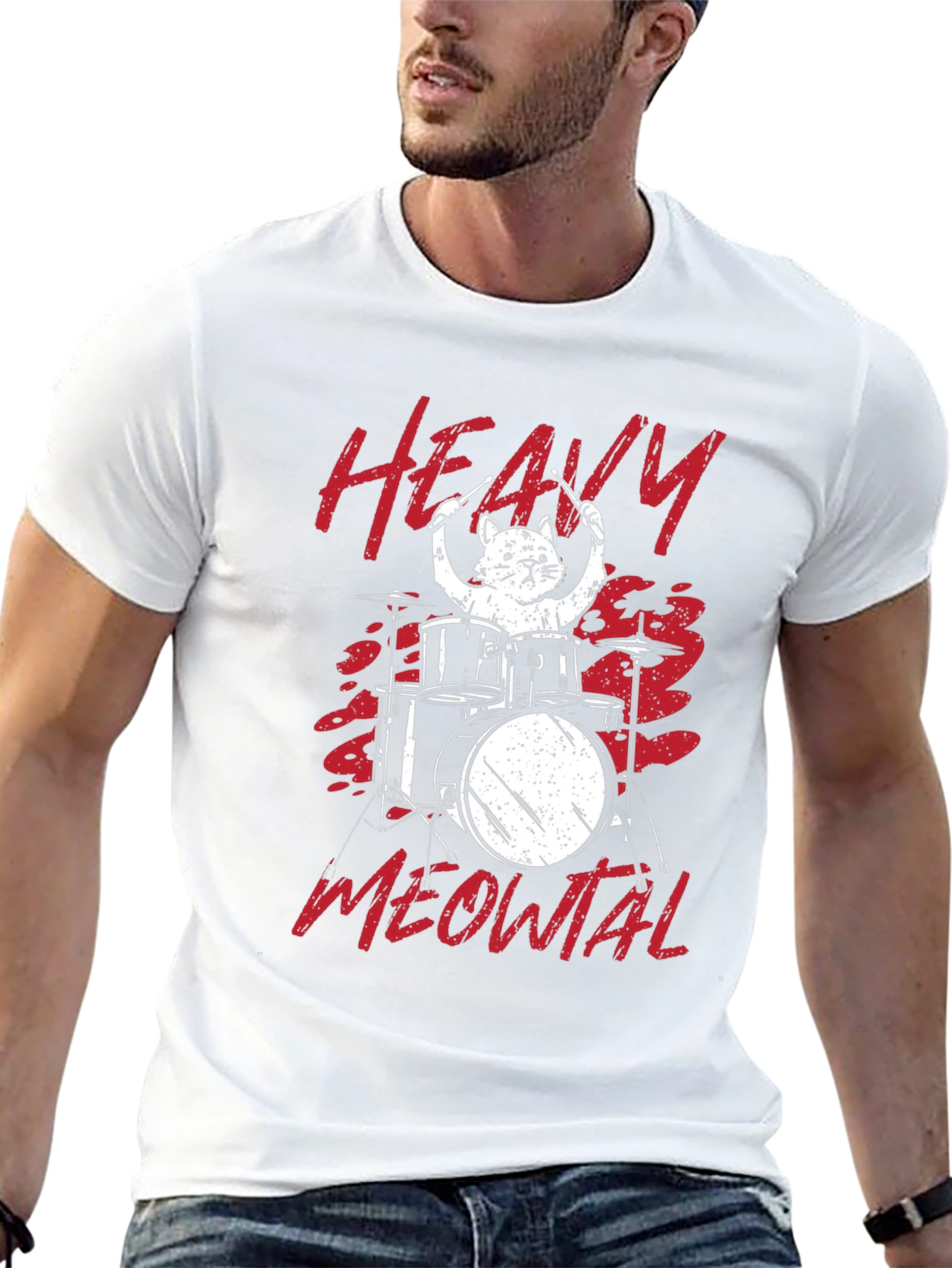 Black Heavy Meowtal Cat Drummer T-Shirt view 13