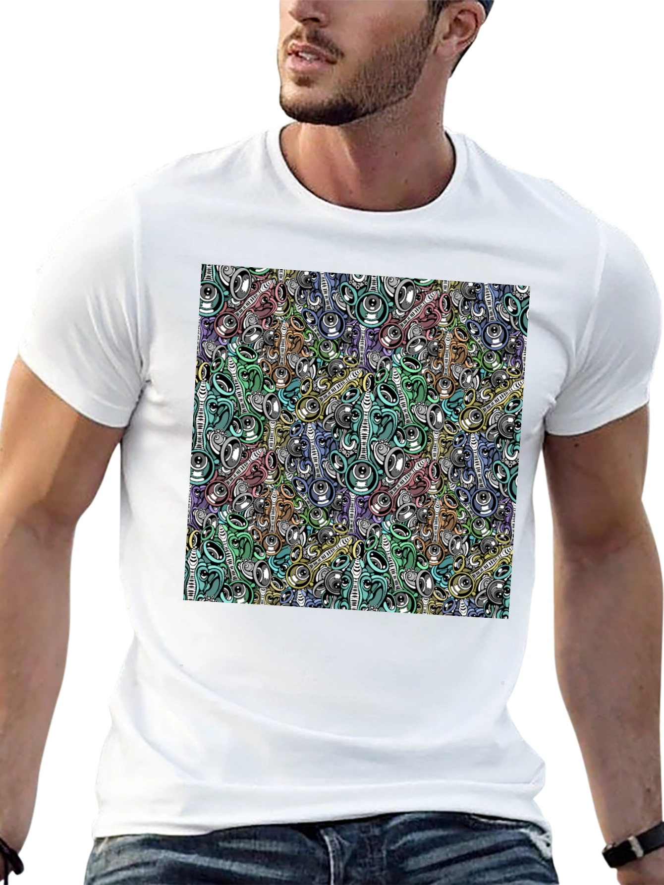 Black Abstract Music Pattern Black T-Shirt view 13
