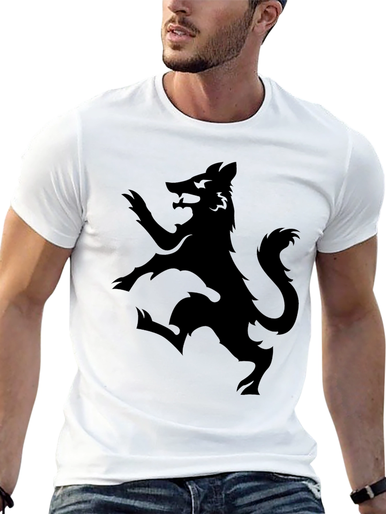 Black Men's Black Graphic Tee - Rampant Wolf Design view 13