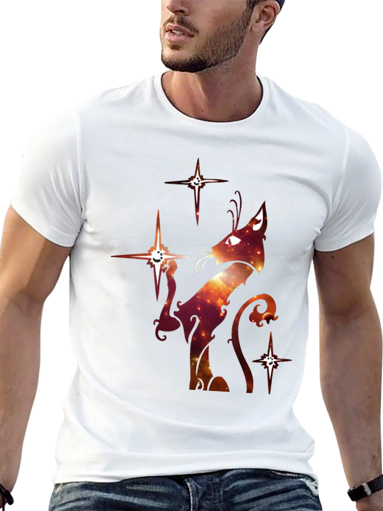 Black Celestial Cat Graphic T-Shirt - Black Cotton Blend view 13