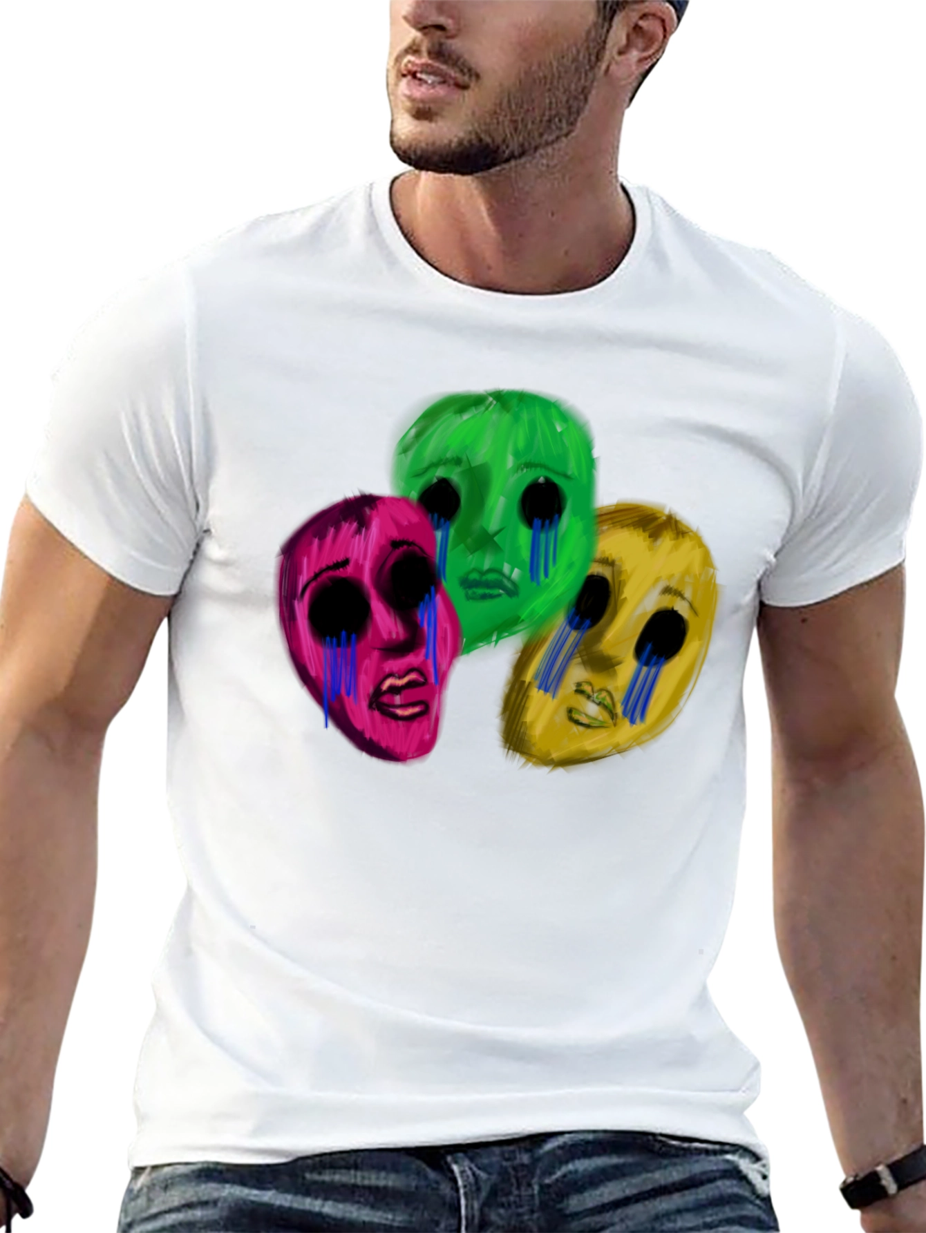 Black Men's Black T-Shirt with Three Crying Faces view 13
