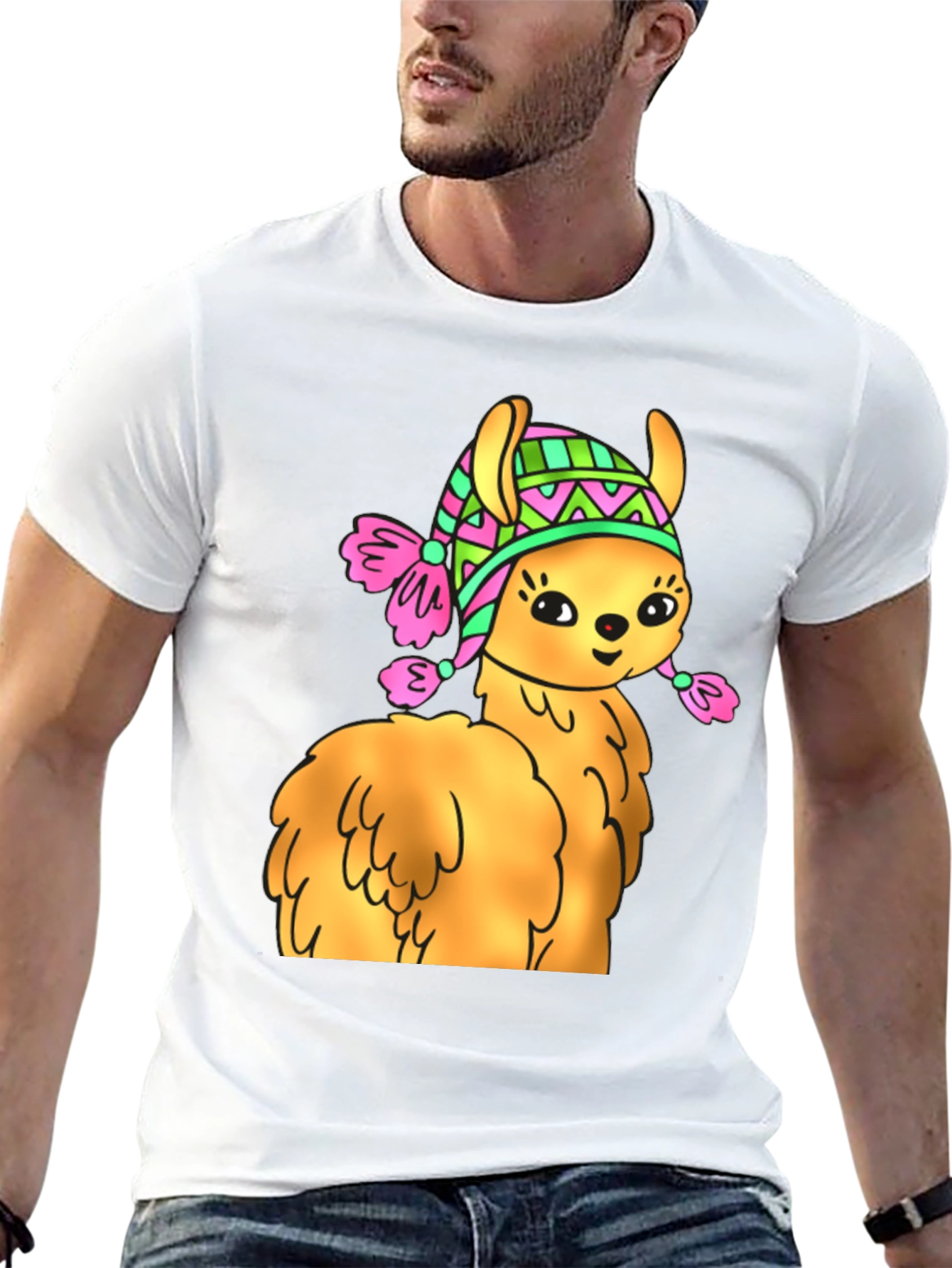 Black Cute Llama Wearing Hat T-Shirt view 13
