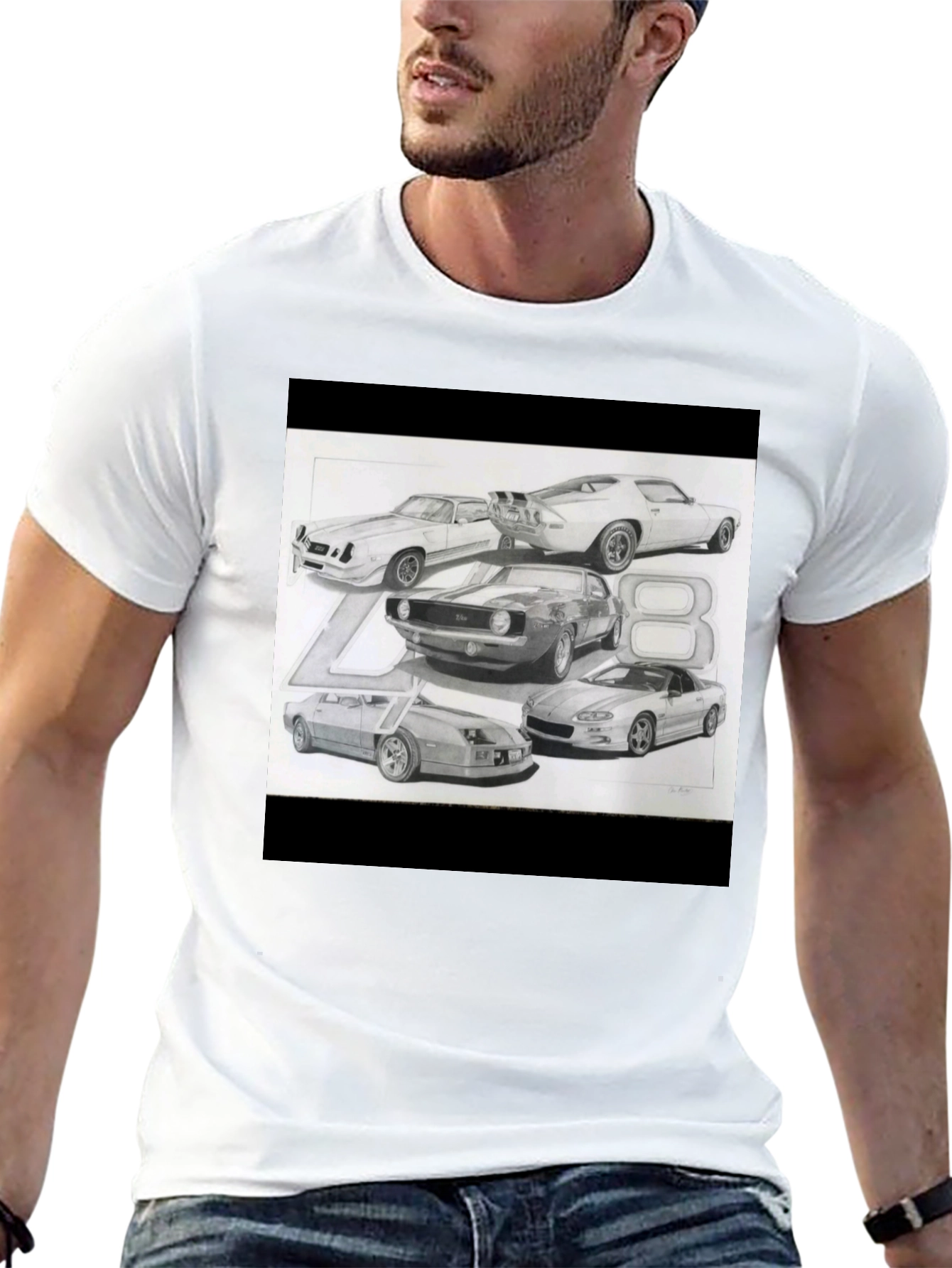 Black Classic Car Sketch Black Tee view 13