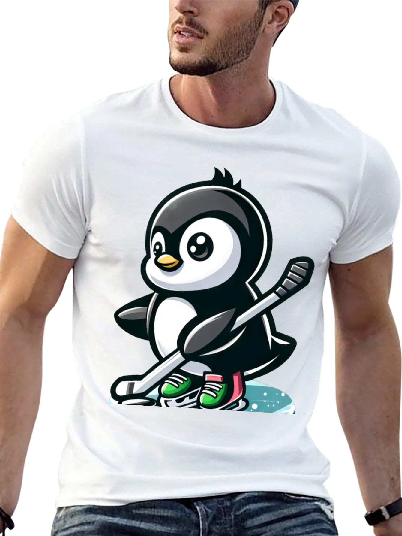 Black Hockey Penguin T-Shirt - Cool Cartoon Tee view 13
