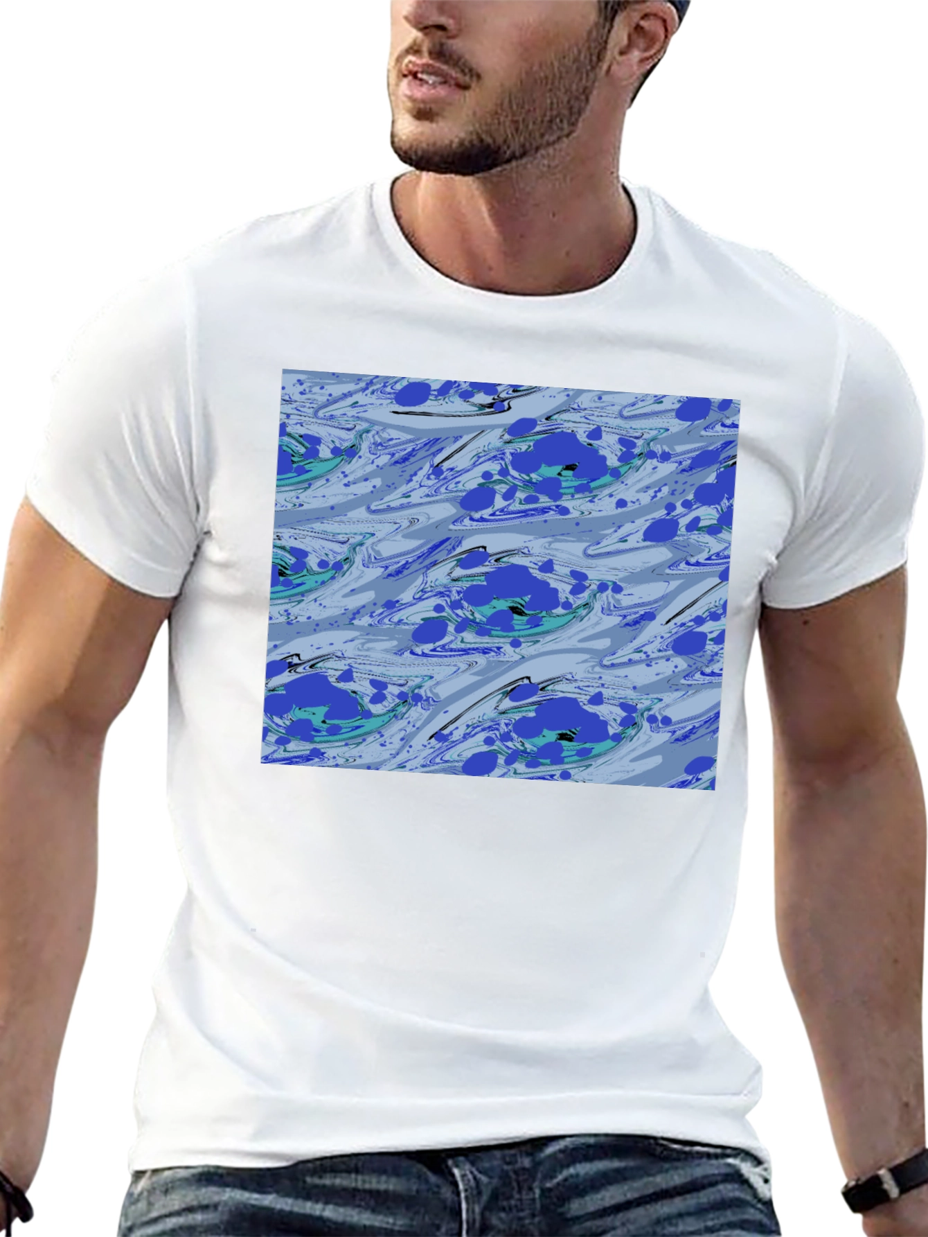 Black Abstract Blue Pattern Black T-Shirt view 13