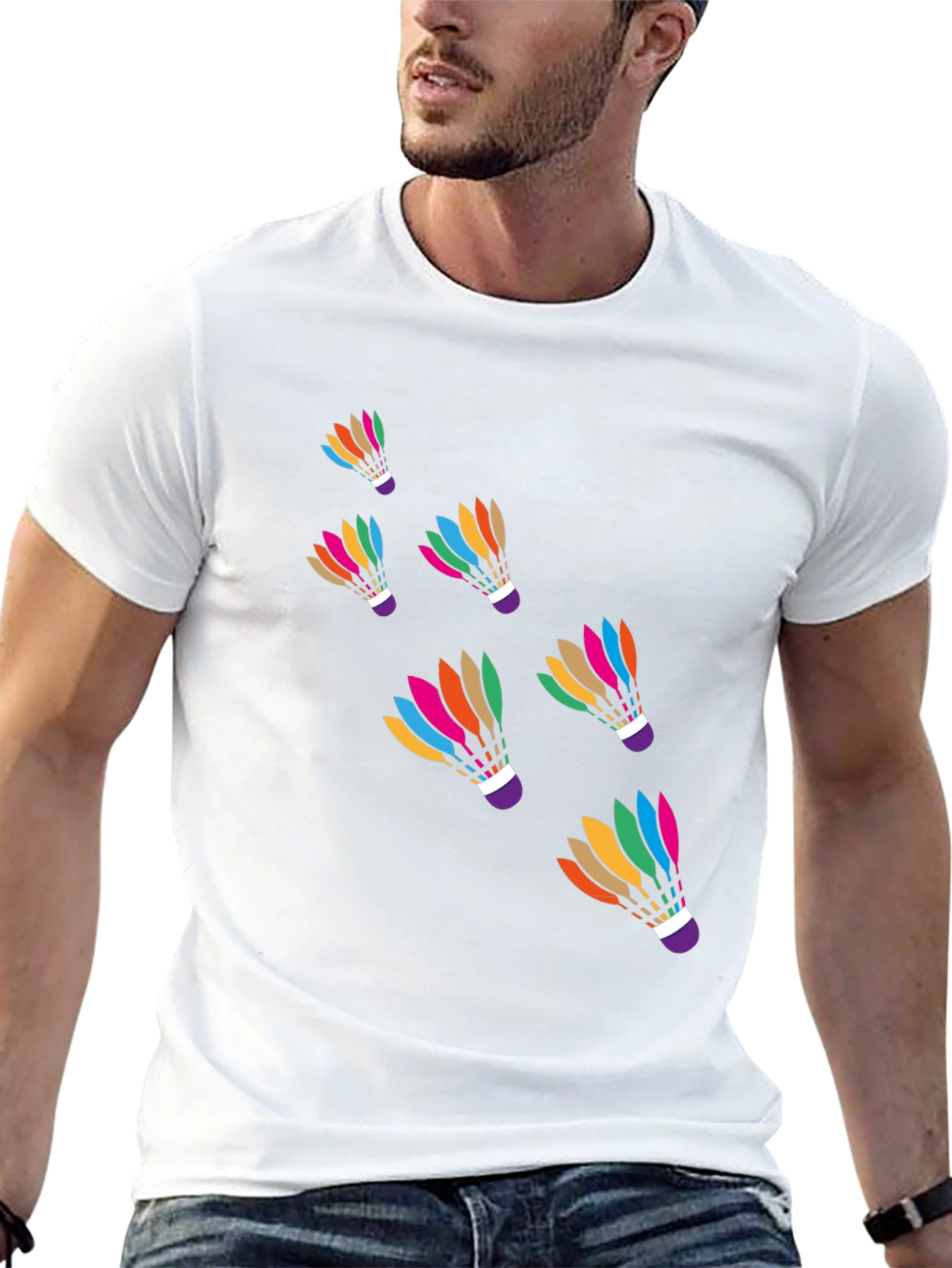 Black Colorful Badminton Shuttlecock Graphic Tee - Black Cotton T-Shirt view 13