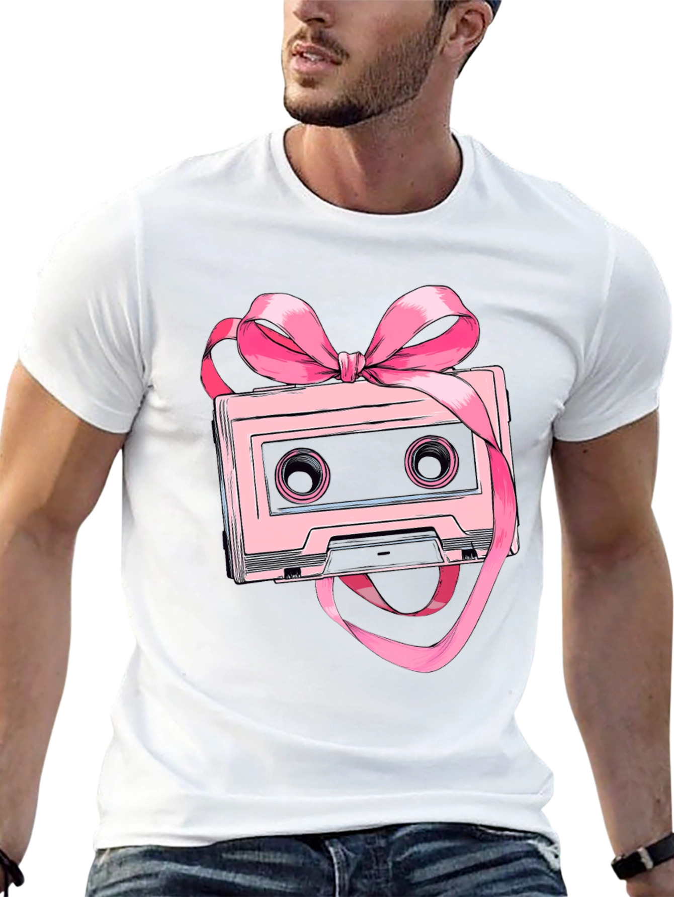 Black Retro Cassette Tape Pink Bow T-Shirt view 13