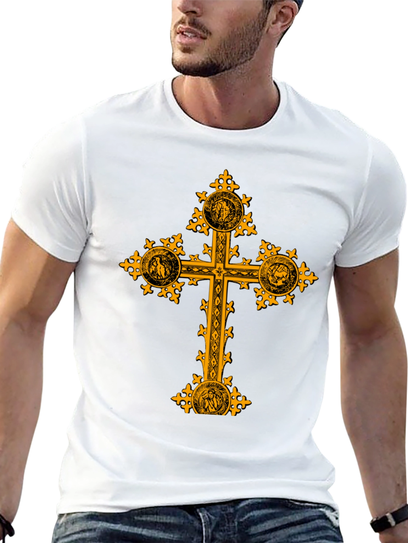 Black Ornate Gold Cross Graphic Print Black T-Shirt view 13