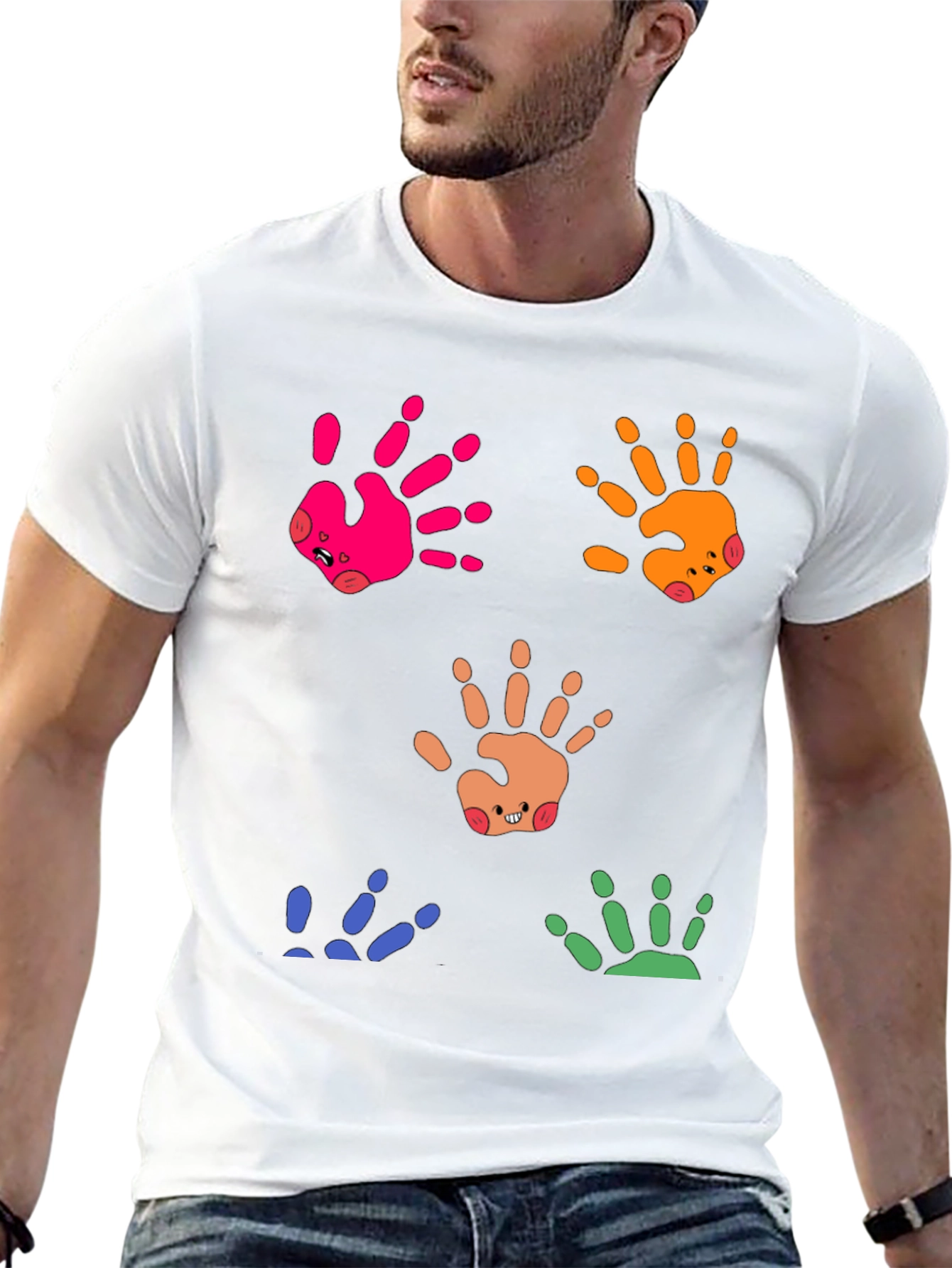 Black Colorful Handprint Graphic Tee - Whimsical Casual Wear view 13