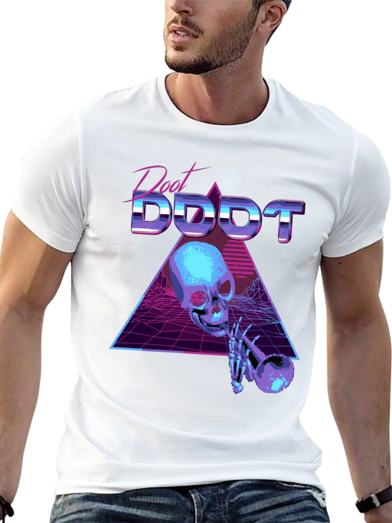 Black Synthwave Skeleton Trumpet Graphic Tee view 13