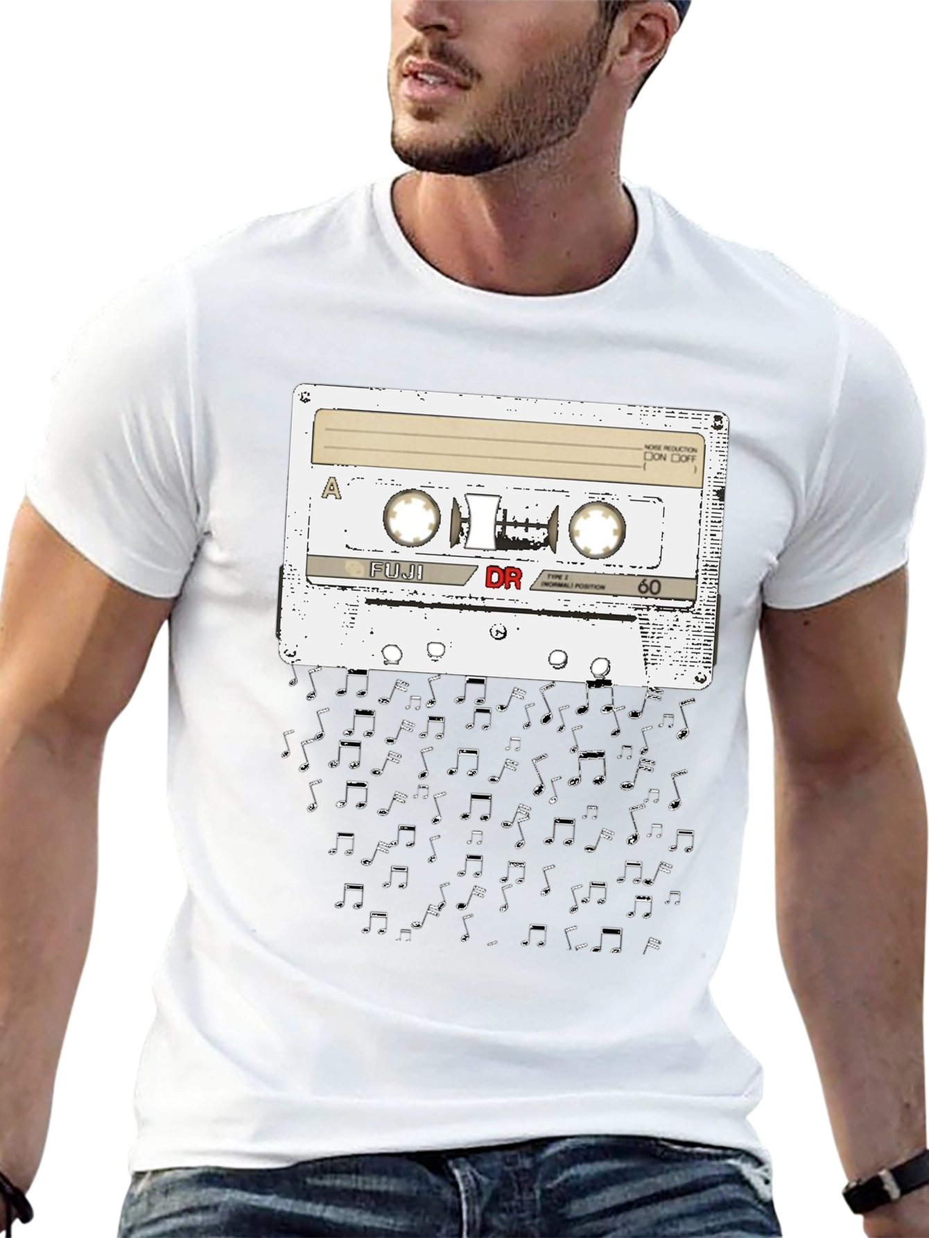 Black Retro Cassette Tape Music Notes Graphic T-Shirt view 13