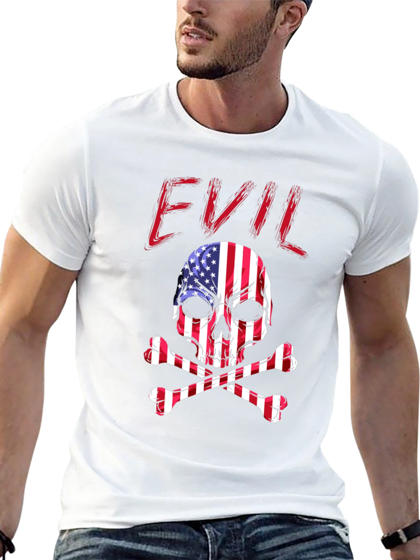 Black Evil USA Flag Skull Graphic T-Shirt view 13