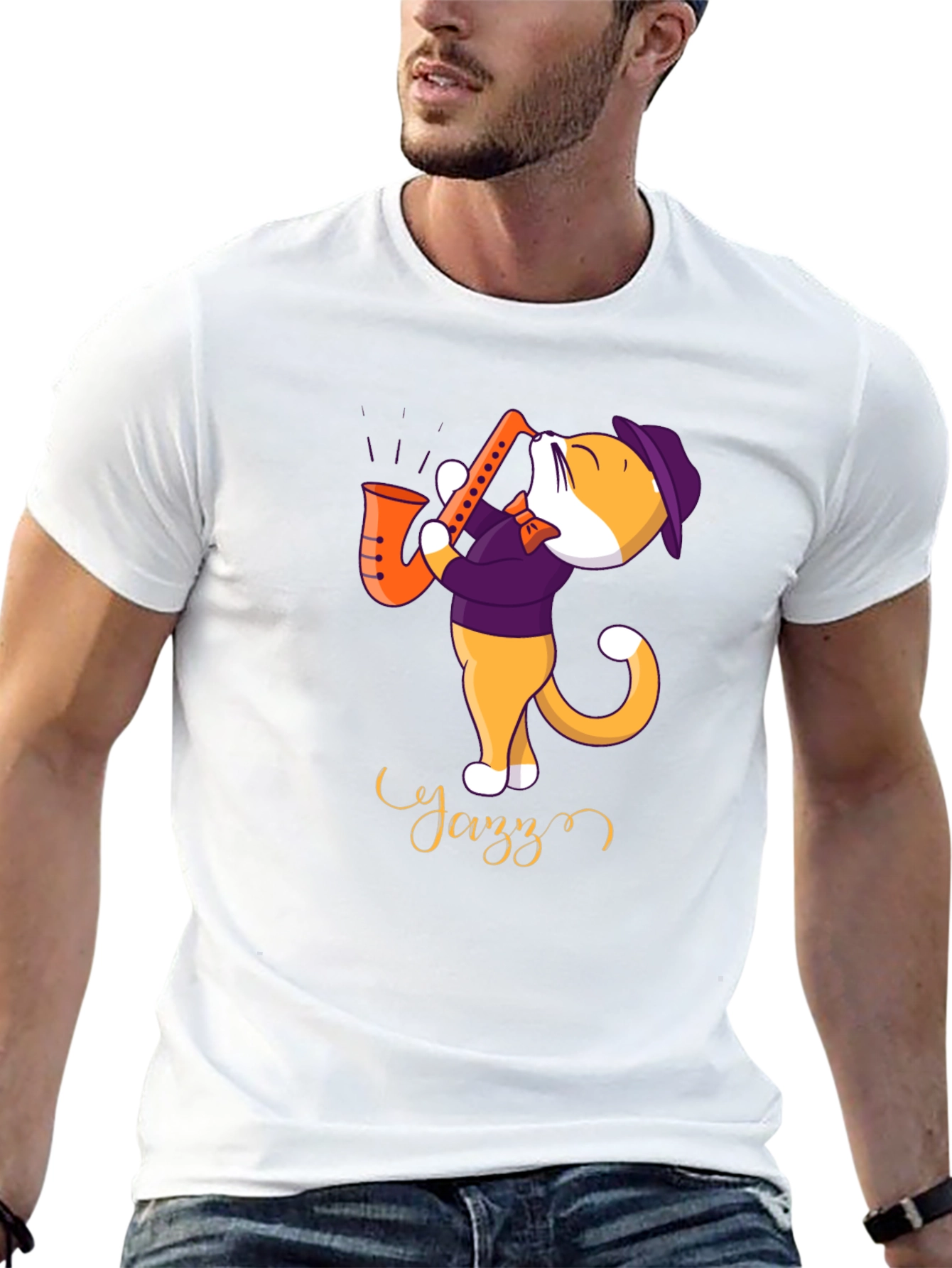 Black Jazz Cat T-Shirt - Cool Cat Playing Saxophone view 13