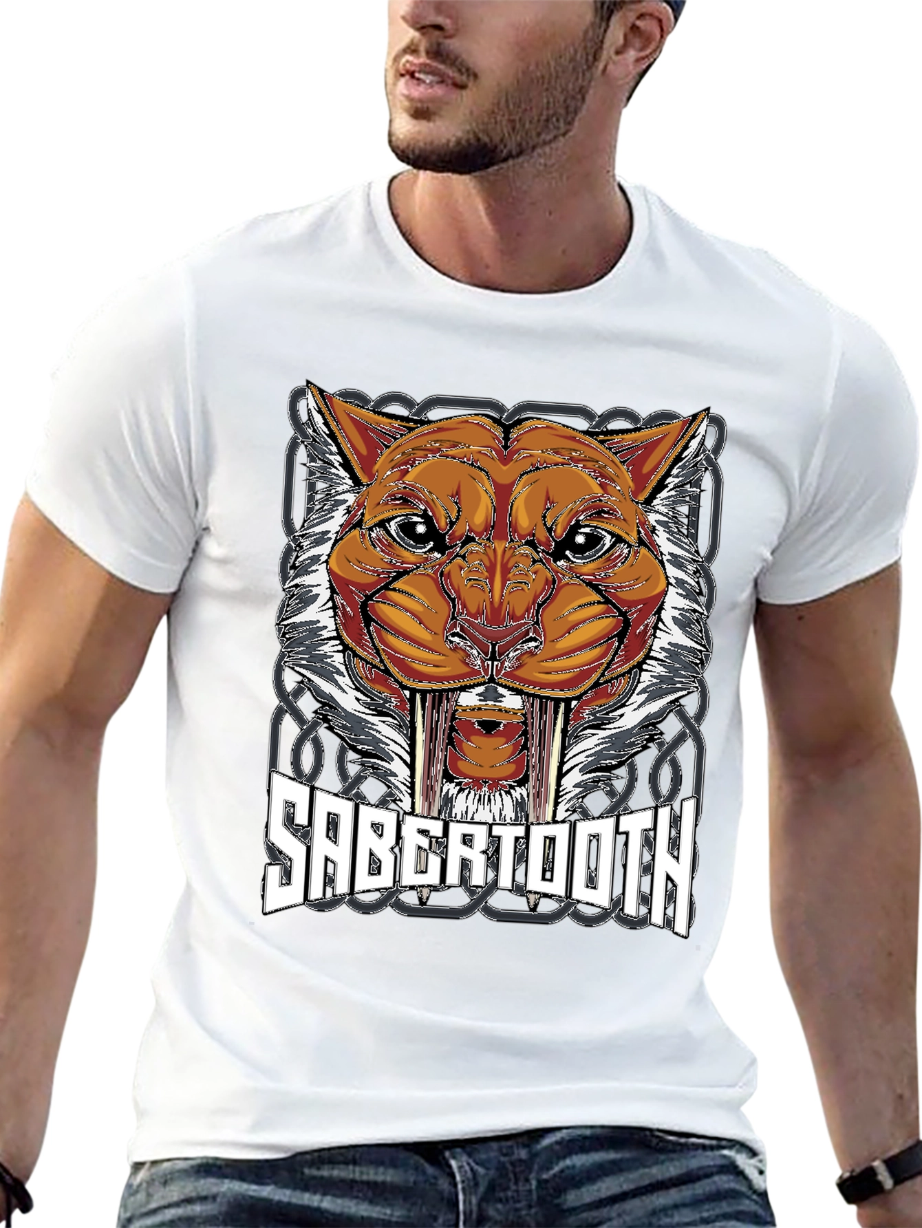 Black Sabertooth Tiger Graphic Print T-Shirt view 13