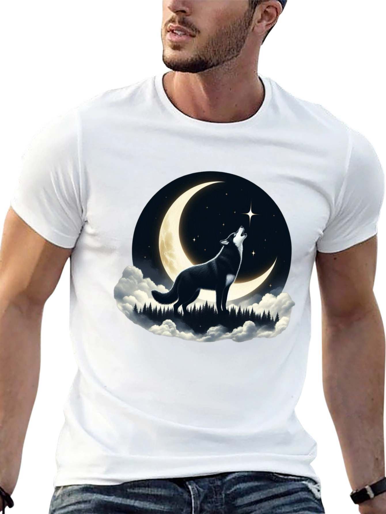Black Wolf Howling at Moon Graphic Tee - Black view 13
