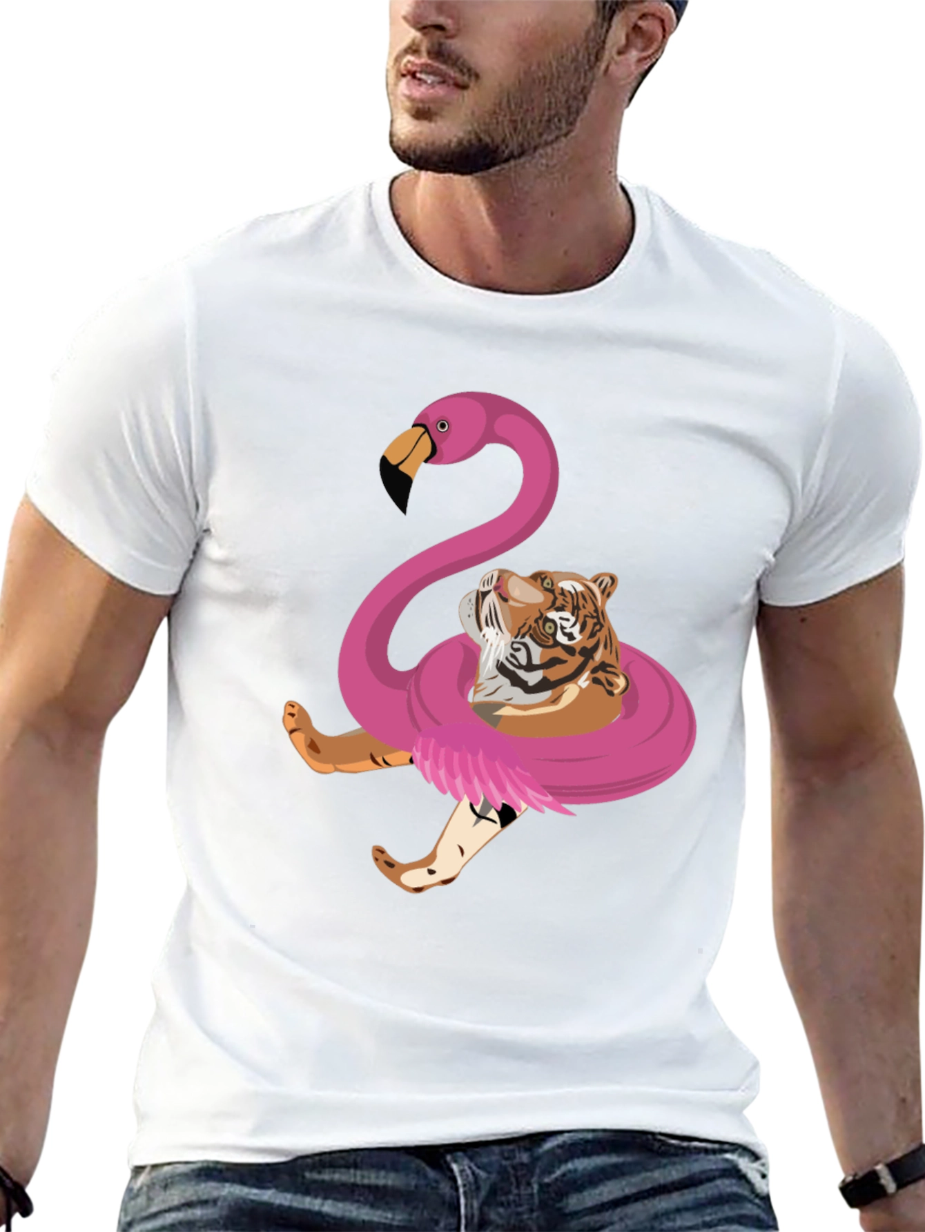 Black Tiger Flamingo Float T-Shirt - Quirky Animal Graphic Tee view 13