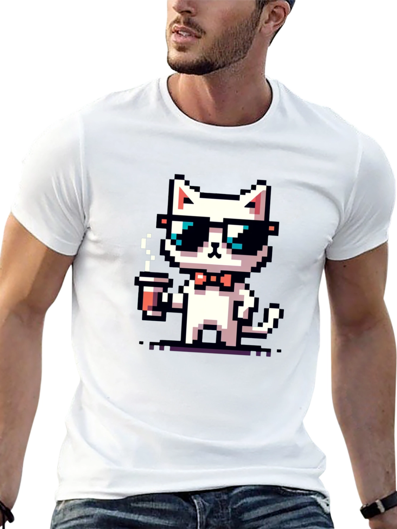 Black Cool Pixel Cat Coffee T-Shirt view 13