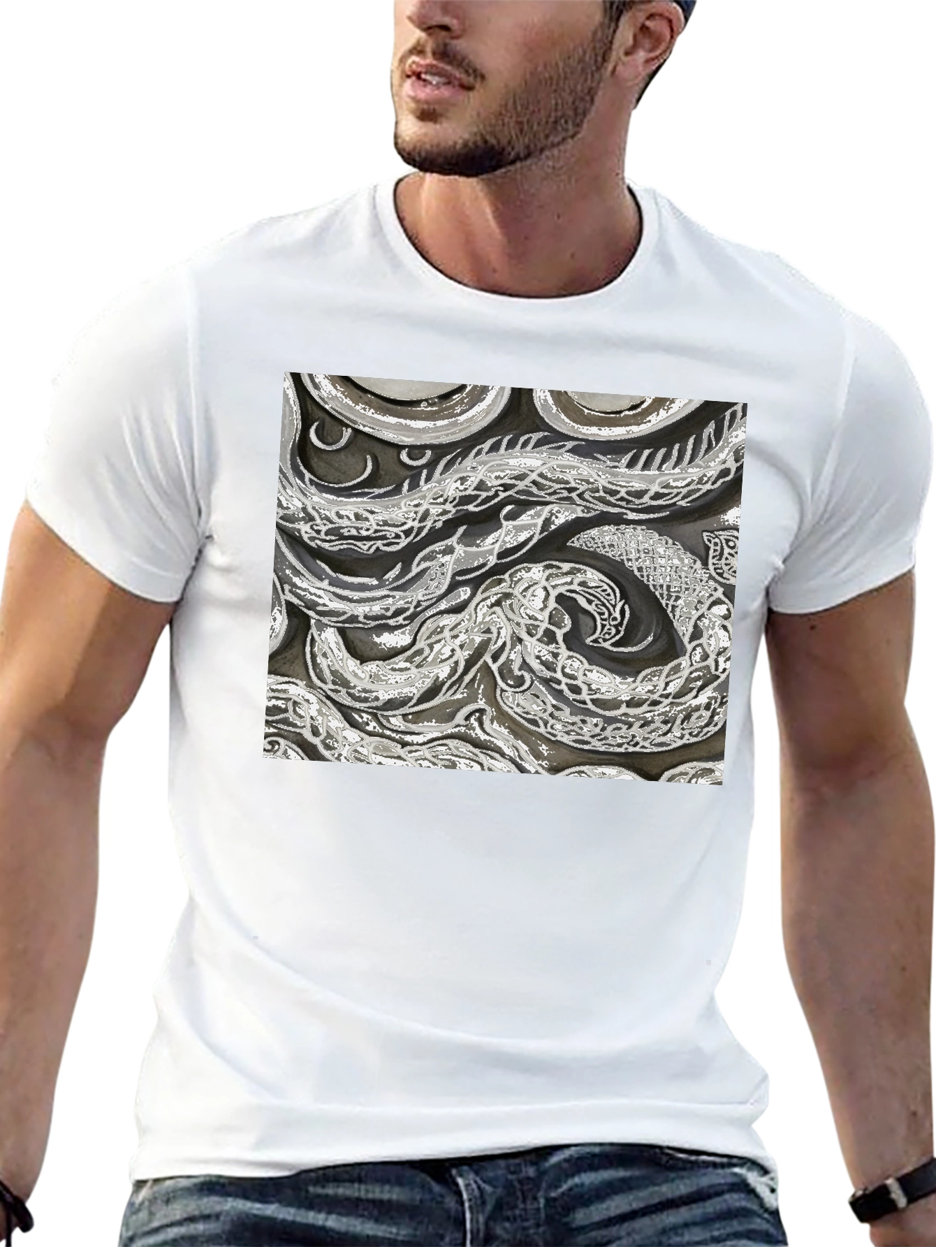 Black Abstract Snake Print Black T-Shirt view 13
