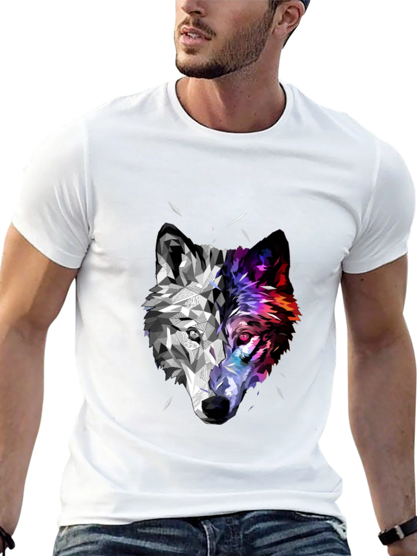 Black Geometric Wolf Head Graphic Black T-Shirt view 13