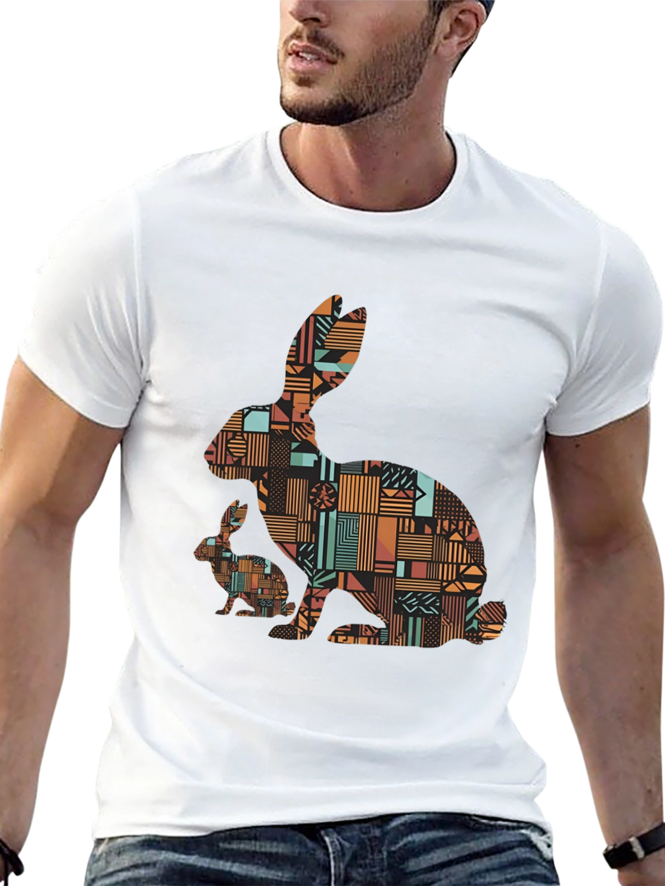 Black Geometric Rabbit Print Black T-Shirt view 13