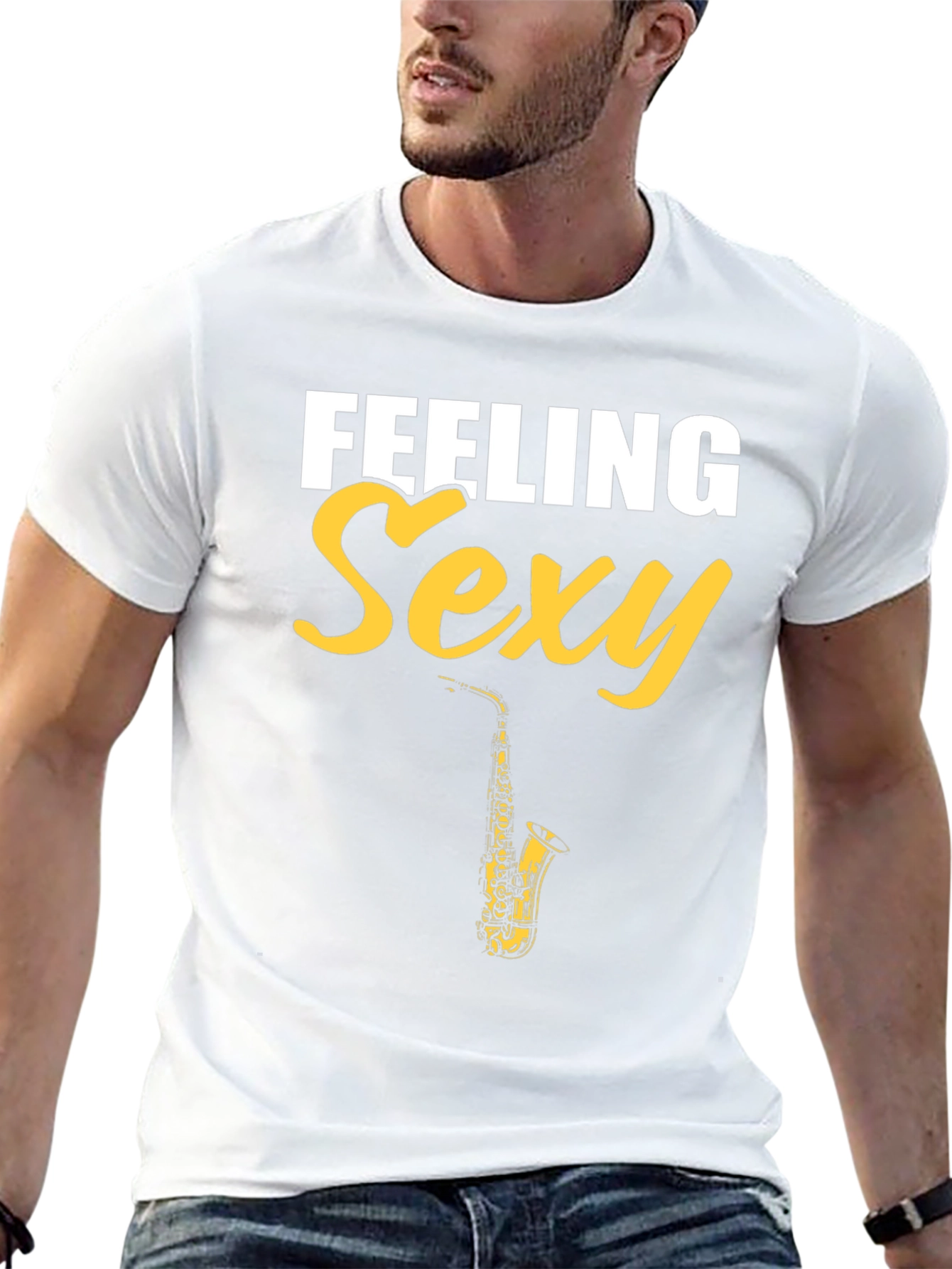 Black Feeling Sexy Saxophone Men's Black Graphic Tee view 13
