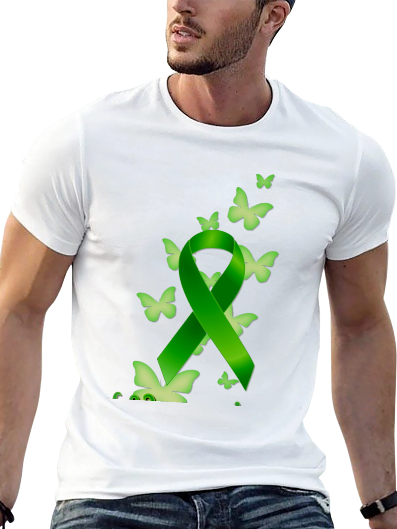 Black Green Ribbon Butterfly Black T-Shirt view 13