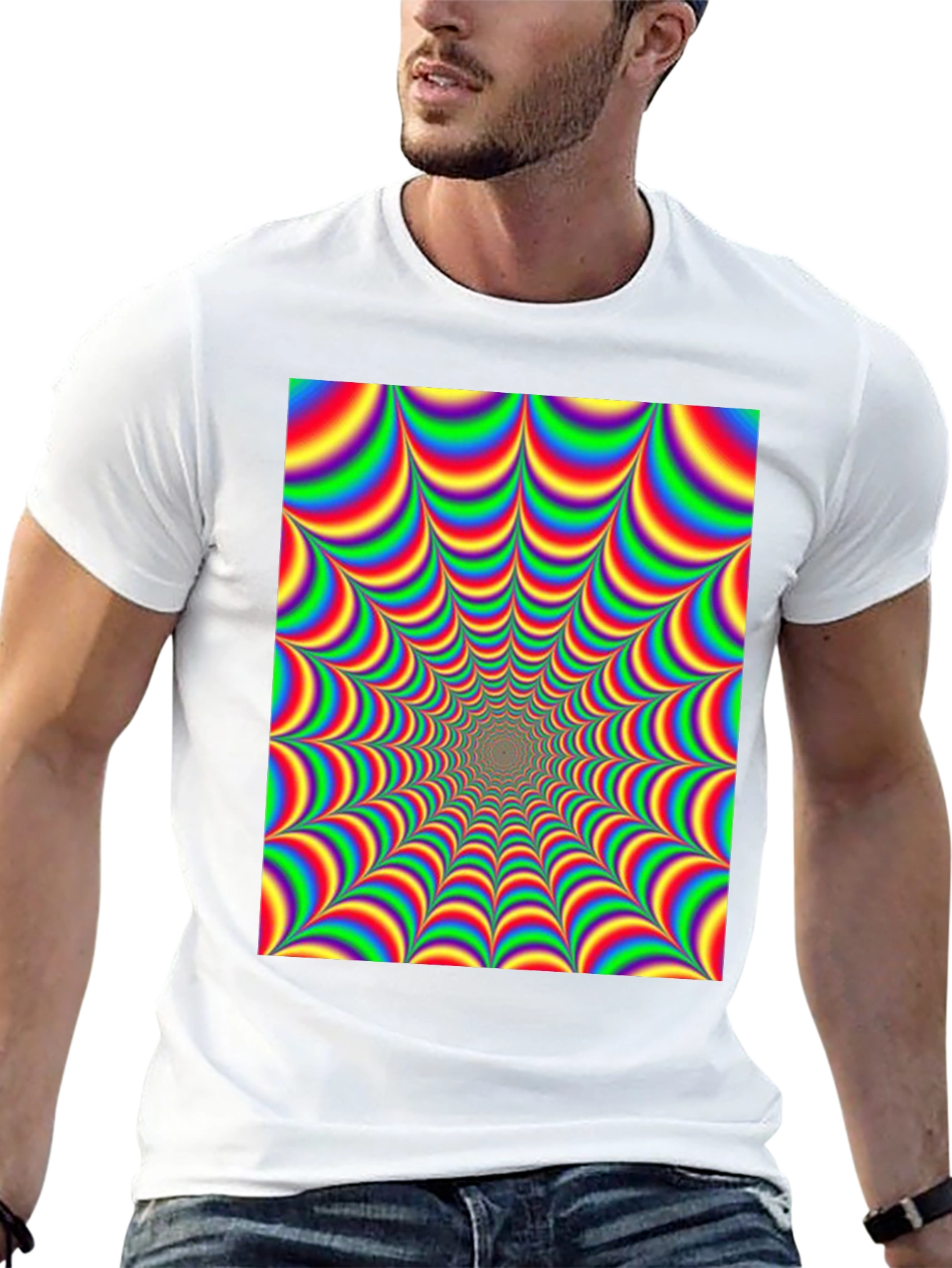 Black Optical Illusion T-Shirt - Hypnotic Rainbow Design view 13