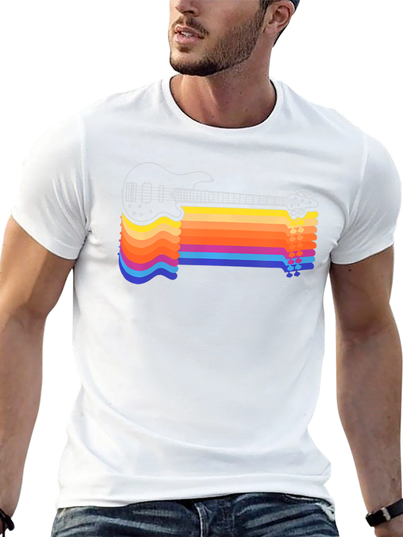 Black Retro Guitar Rainbow Stripe T-Shirt view 13