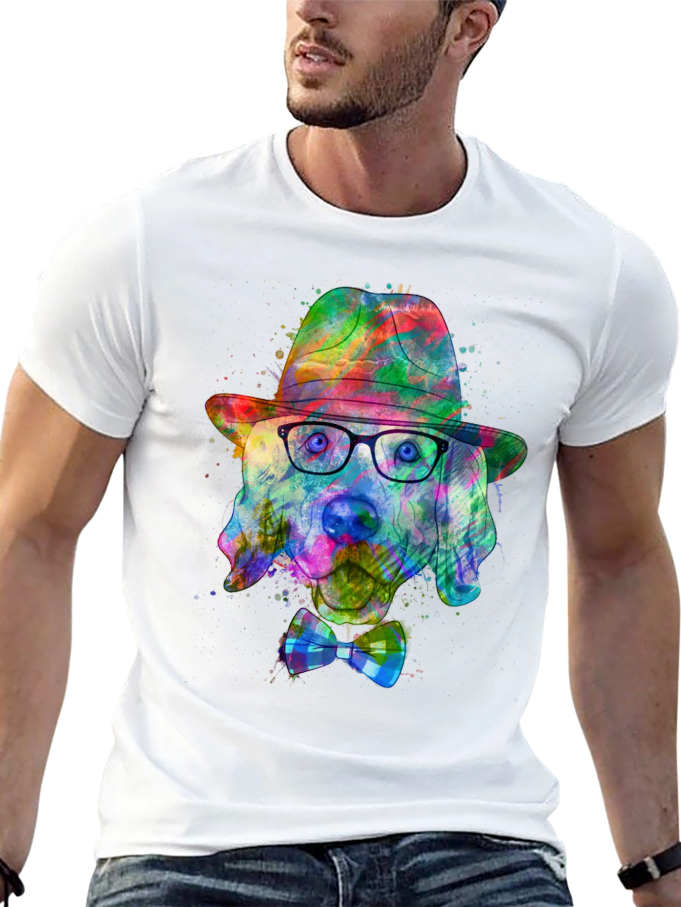 Black Dog Art T-Shirt - Watercolor Dog with Hat & Bowtie view 13