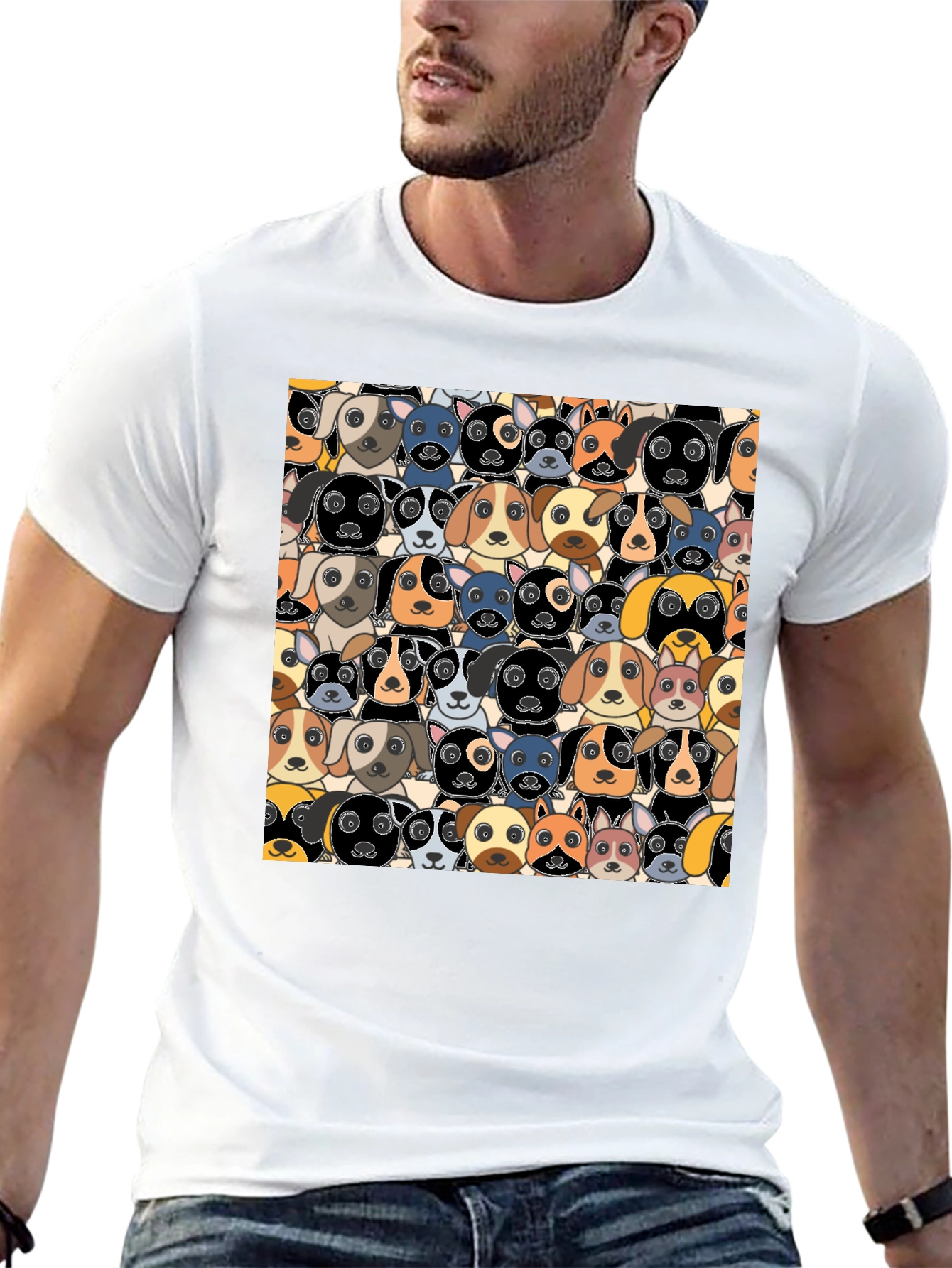 Black Cartoon Dog Faces Pattern T-Shirt view 13