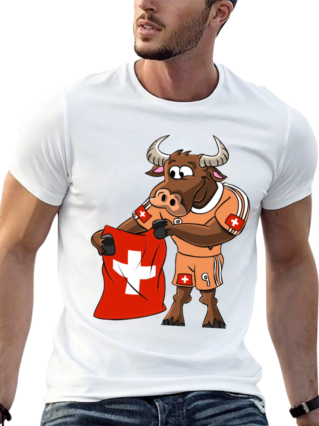 Black Swiss Bull Soccer Fan T-Shirt - Black Cotton Tee view 13